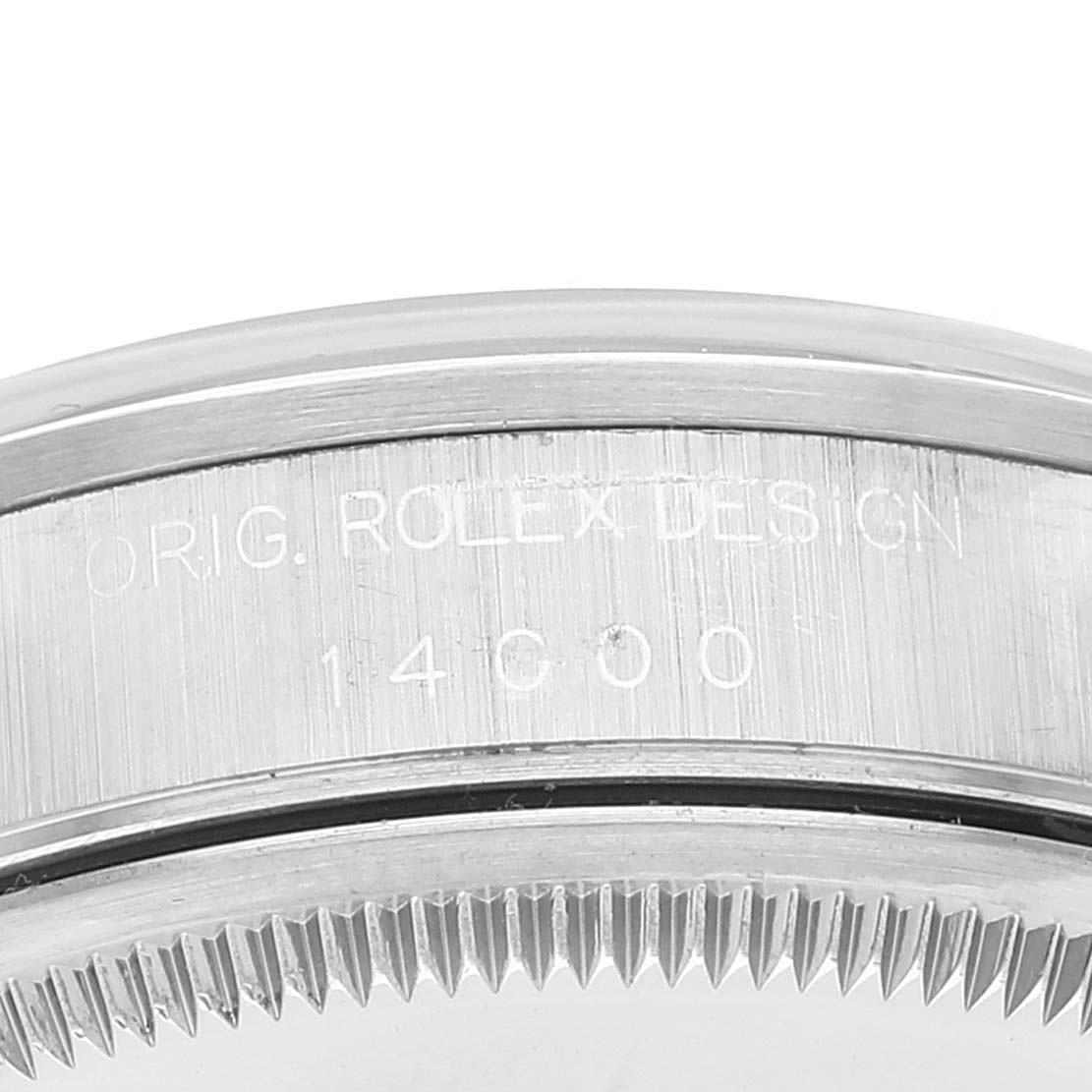 The image shows an up-close view of the bezel and case side of a Rolex Air-King 14000 Men's Stainless Steel Blue Dial 14000 Men's Stainless Steel Blue Dial watch, focusing on the engraving.