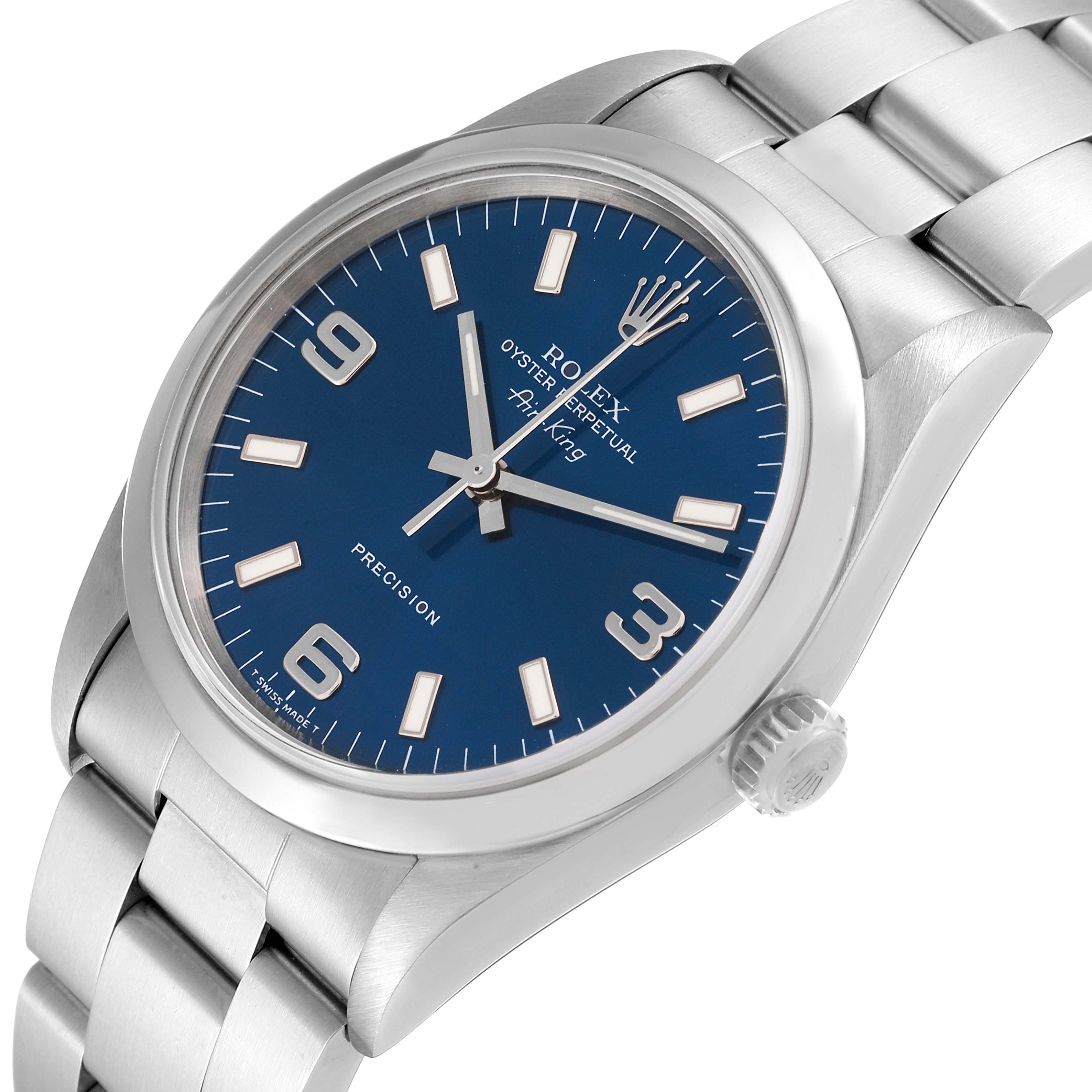 The image shows a Rolex Air-King 14000 Men's Stainless Steel Blue Dial 14000 Men's Stainless Steel Blue Dial watch at a slight angle, highlighting the blue dial, stainless steel case, and bracelet.