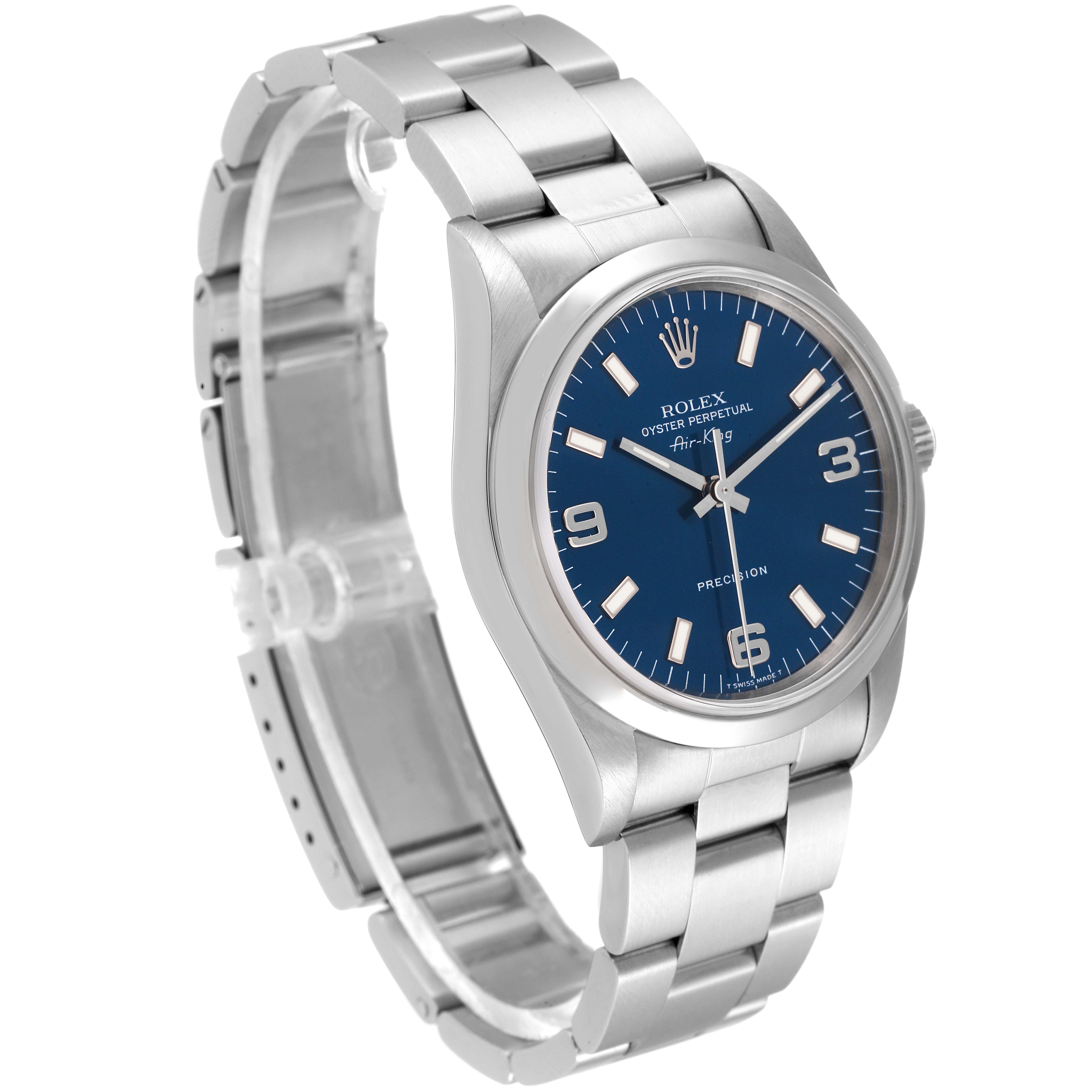 The image shows a Rolex Air-King 14000 Men's Stainless Steel Blue Dial 14000 Men's Stainless Steel Blue Dial watch angled to display the face, bezel, crown, and part of the metal bracelet.