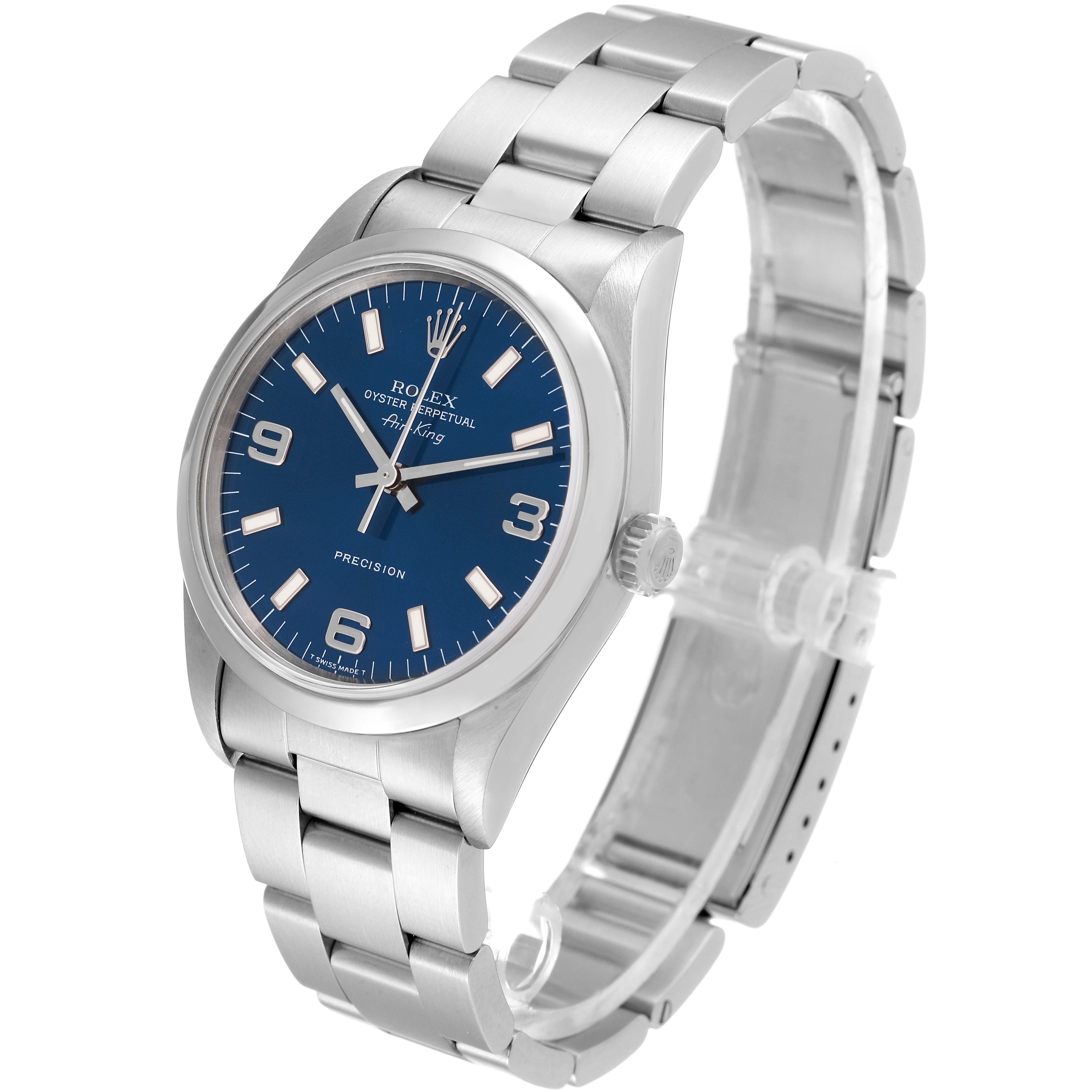 This Rolex Air-King 14000 Men's Stainless Steel Blue Dial 14000 Men's Stainless Steel Blue Dial watch is shown at an angle displaying its face, bezel, crown, and bracelet.