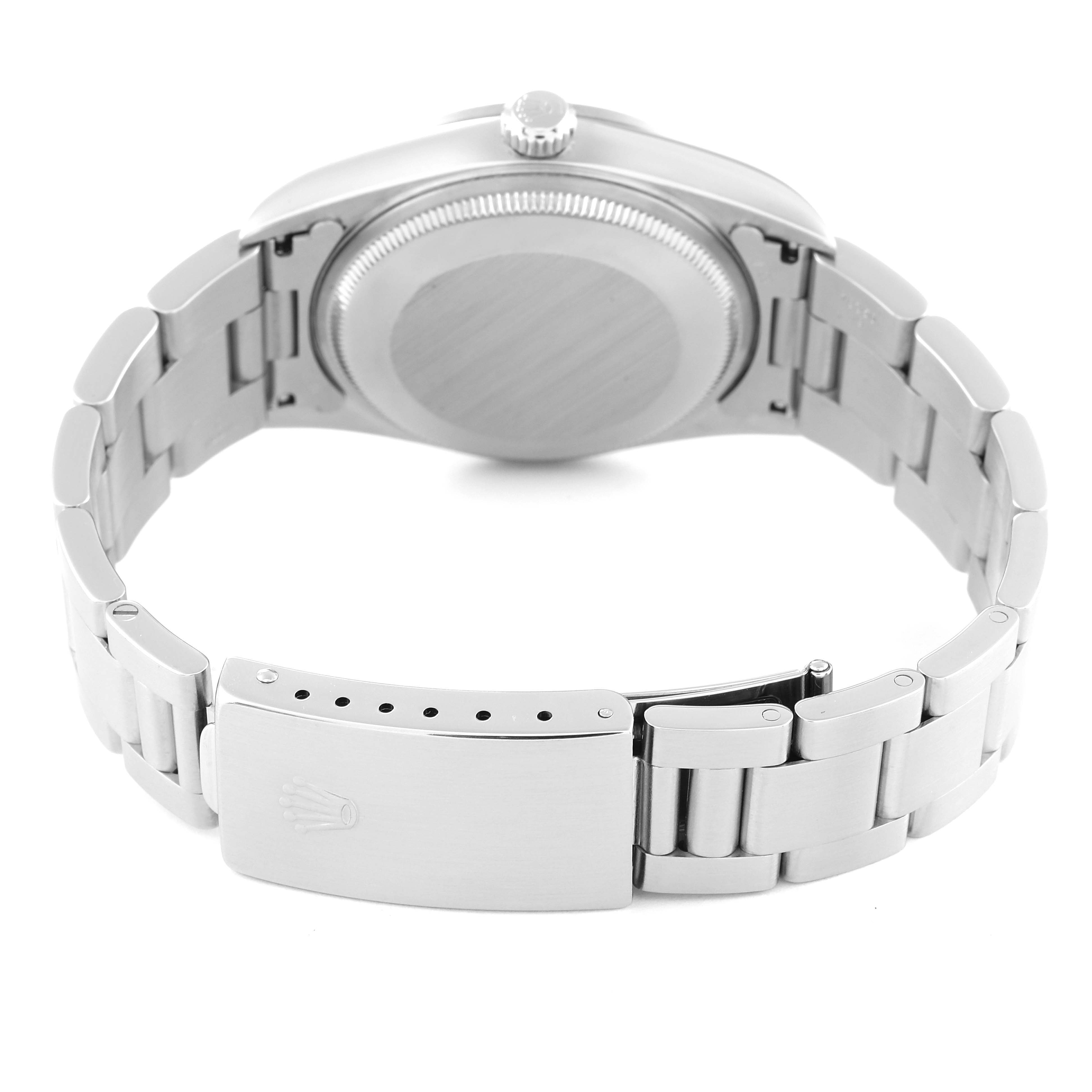 This image shows the back and clasp of a Rolex Air-King 14000 Men's Stainless Steel Blue Dial 14000 Men's Stainless Steel Blue Dial watch from a rear angle.