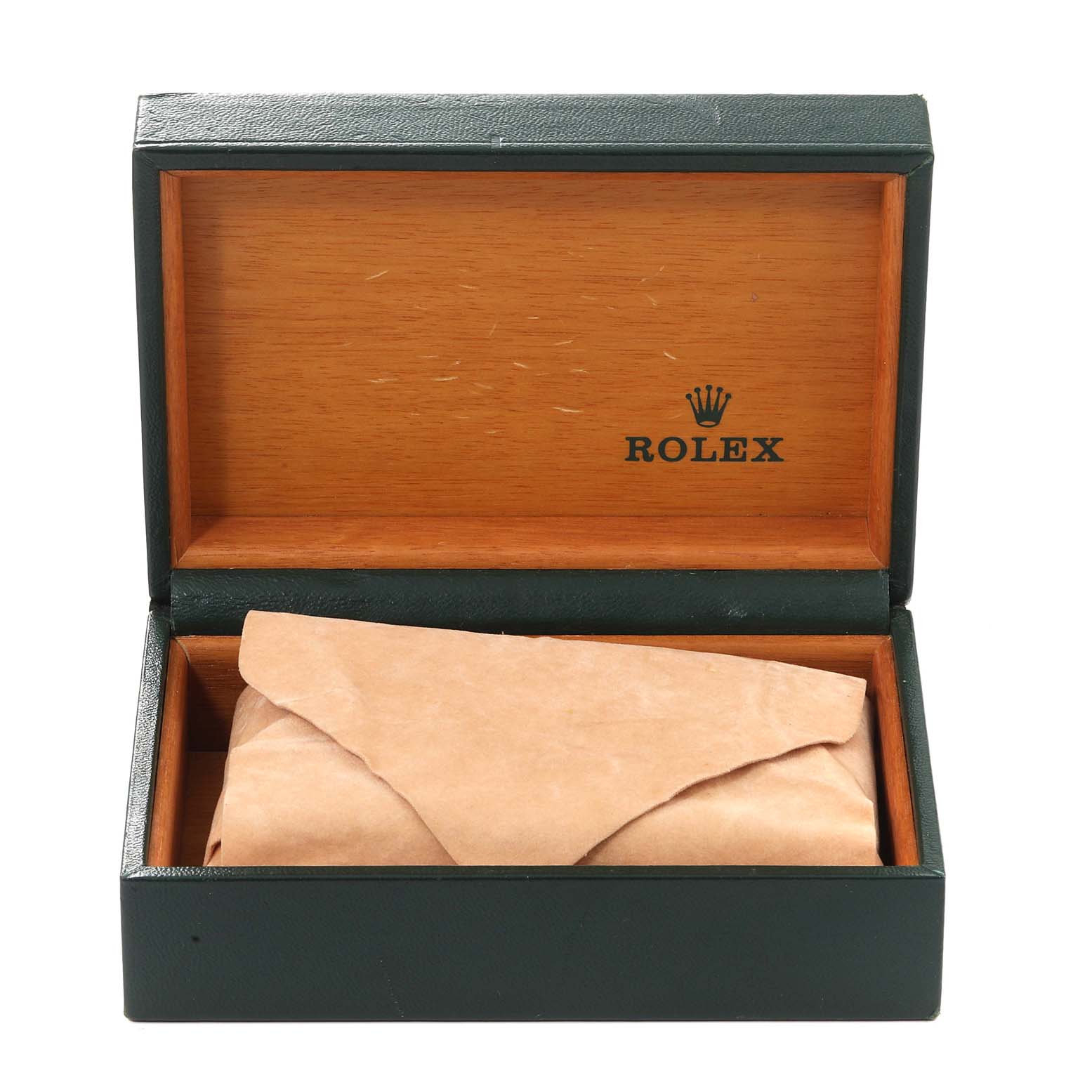 This image shows an open Rolex box with the Air-King model wrapped in tissue paper.