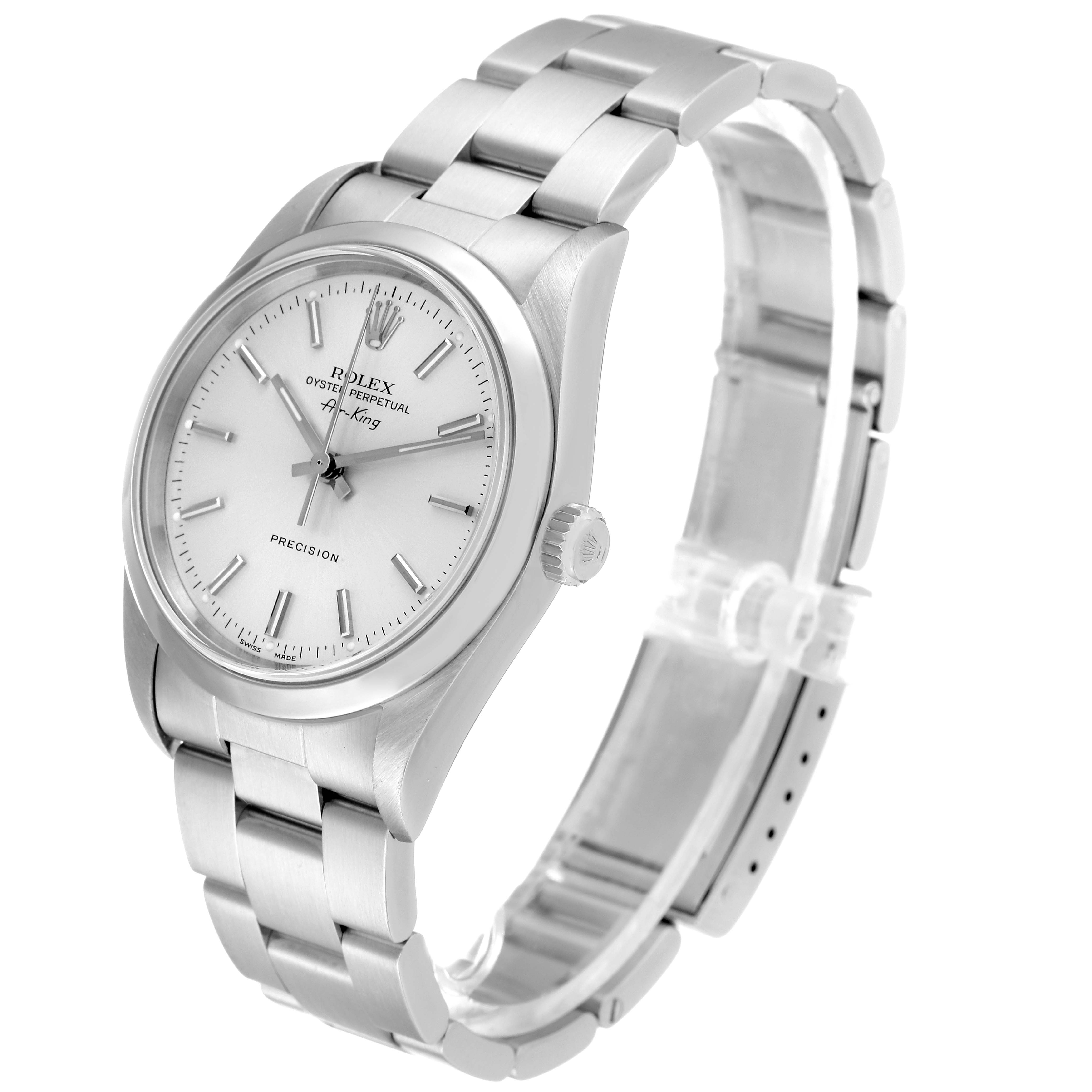The Rolex Air-King 14000 Men's Stainless Steel Silver Dial 14000 Men's Stainless Steel Silver Dial watch is shown at a slight angle, highlighting its face, bracelet, and side crown.