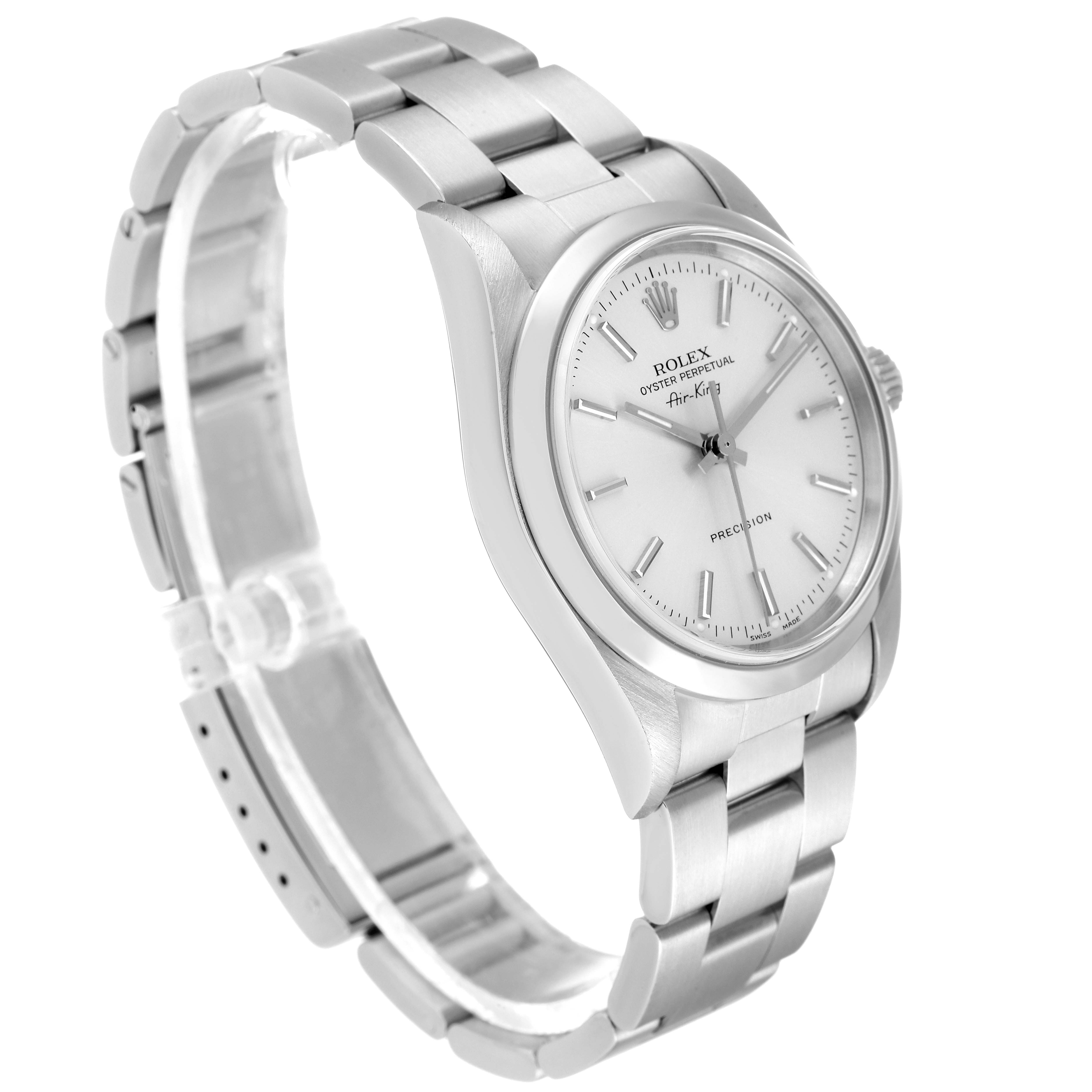 The Rolex Air-King 14000 Men's Stainless Steel Silver Dial 14000 Men's Stainless Steel Silver Dial watch is shown at a slight angle, displaying the face, bezel, and bracelet.