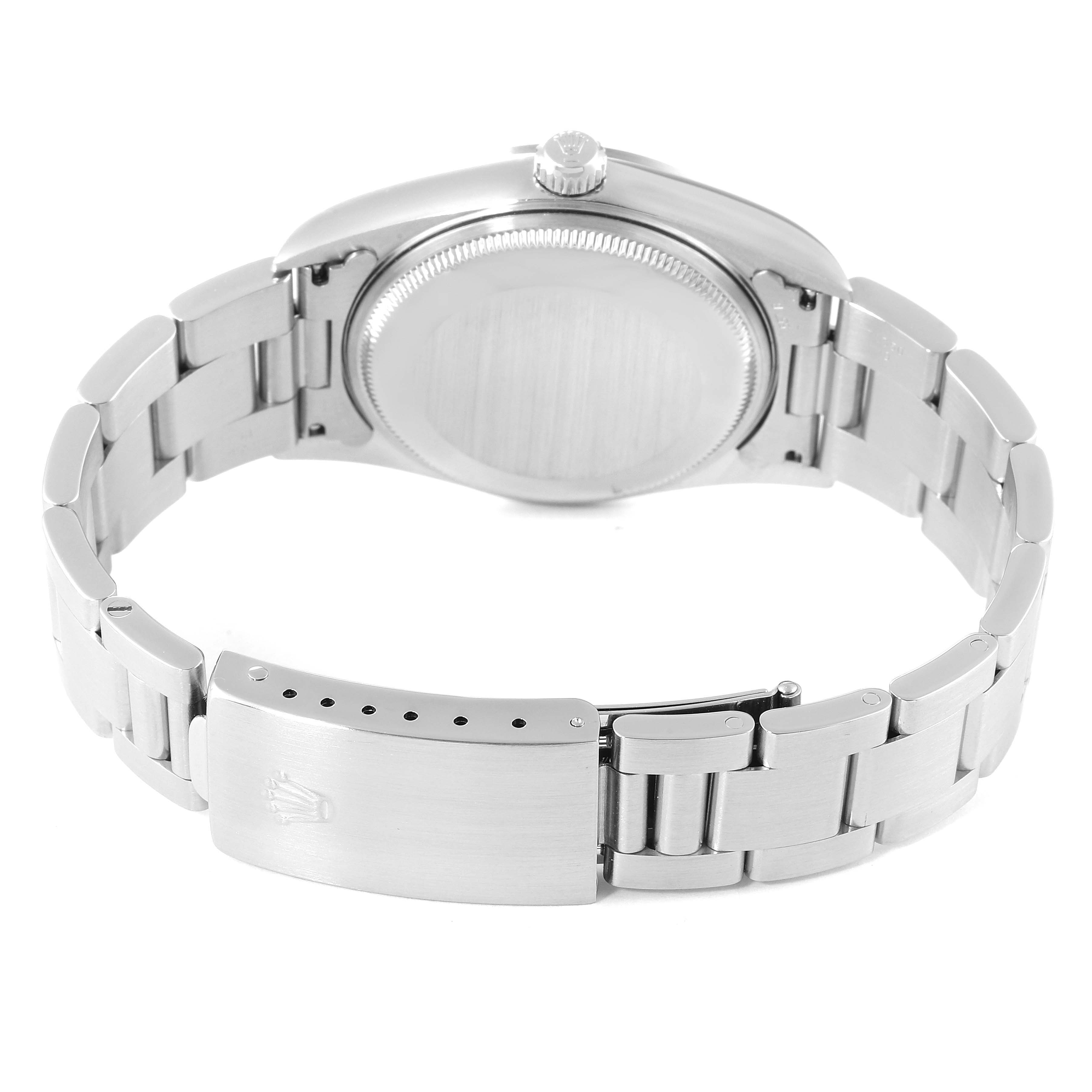This image shows the back view of a Rolex Air-King 14000 Men's Stainless Steel Silver Dial 14000 Men's Stainless Steel Silver Dial watch, highlighting its clasp, bracelet, and case back.