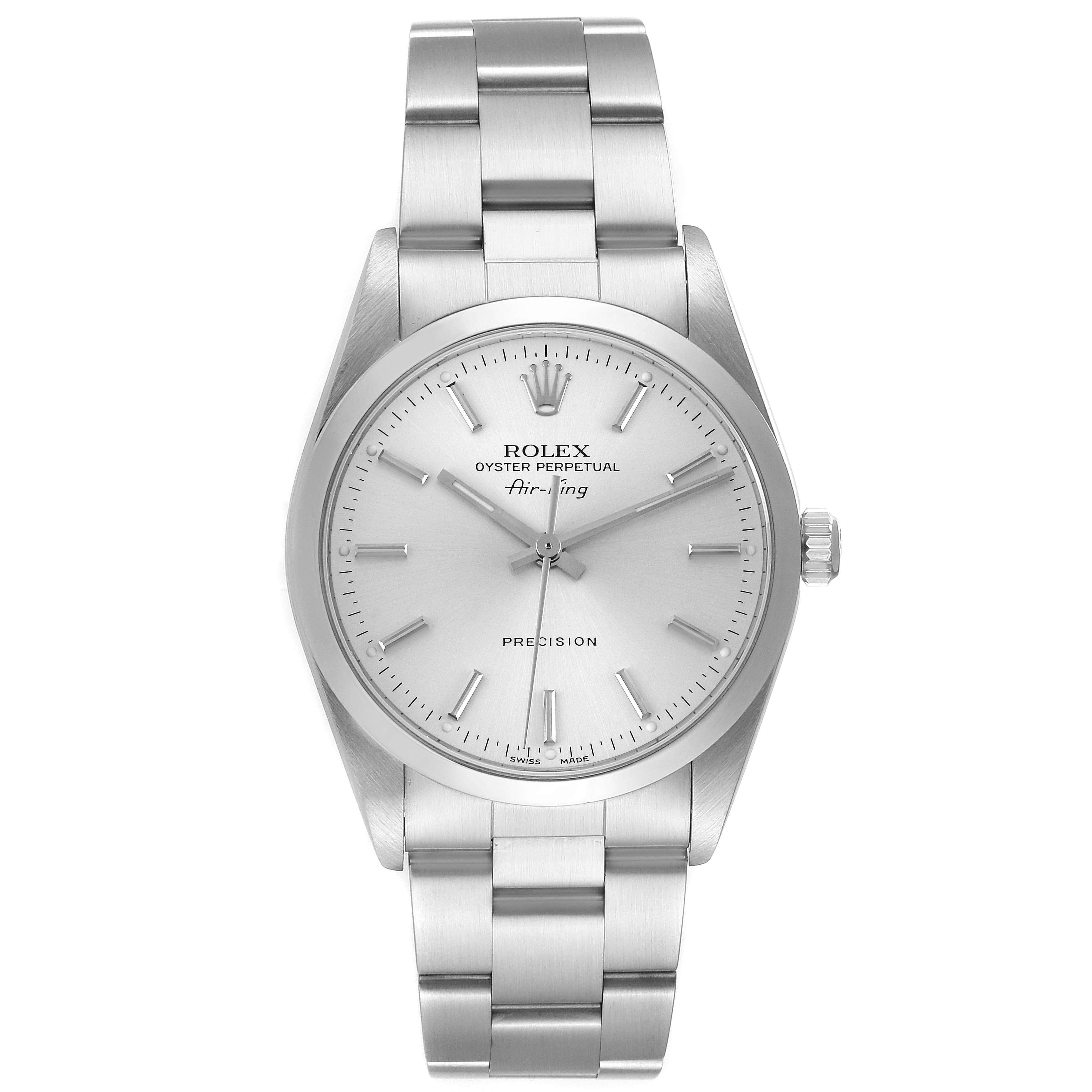 This is a front view of a Rolex Air-King 14000 Men's Stainless Steel Silver Dial 14000 Men's Stainless Steel Silver Dial watch, showing the face, crown, and metal bracelet.