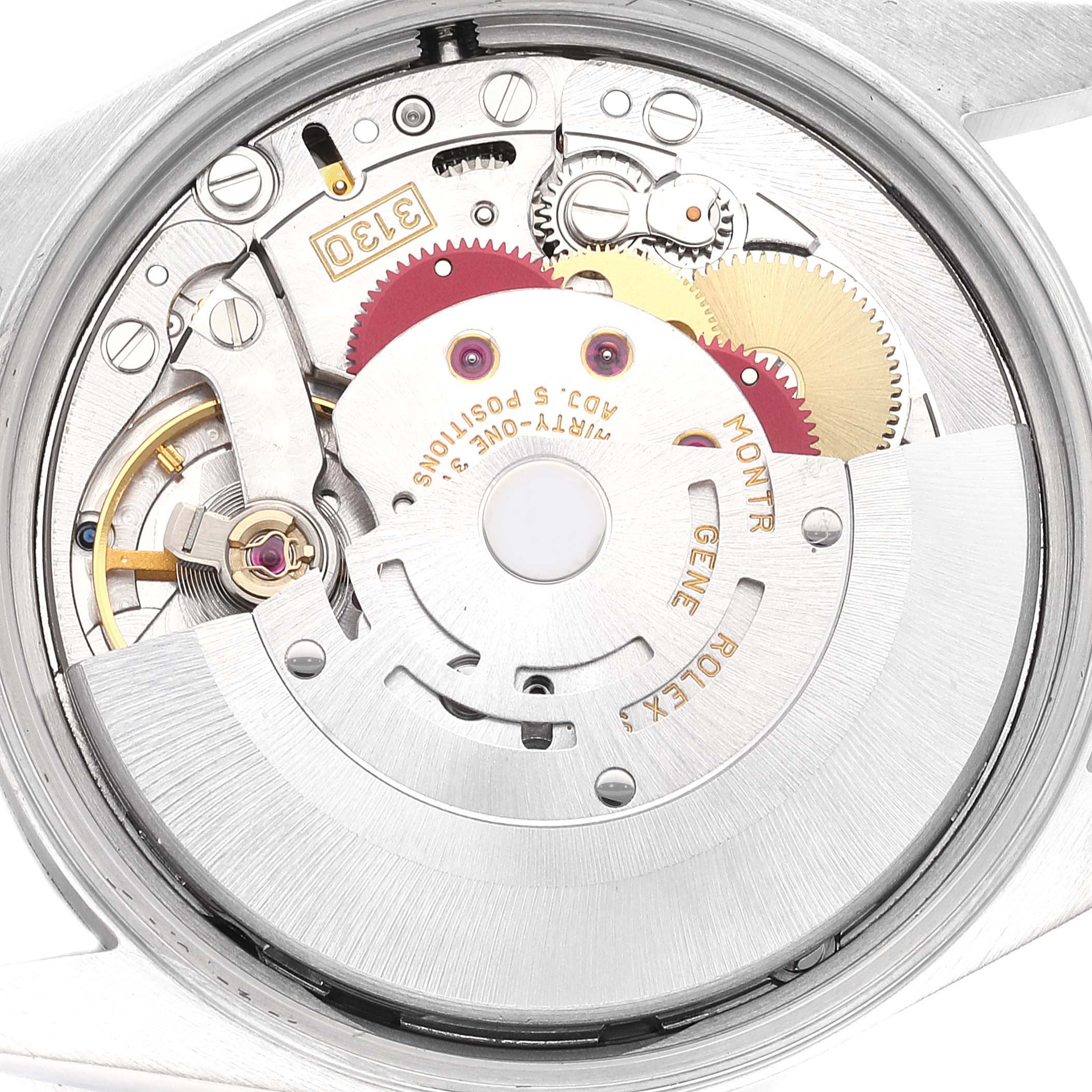 This image shows a close-up of the movement and internal mechanism of a Rolex Air-King 14000 Men's Stainless Steel Silver Dial 14000 Men's Stainless Steel Silver Dial watch.