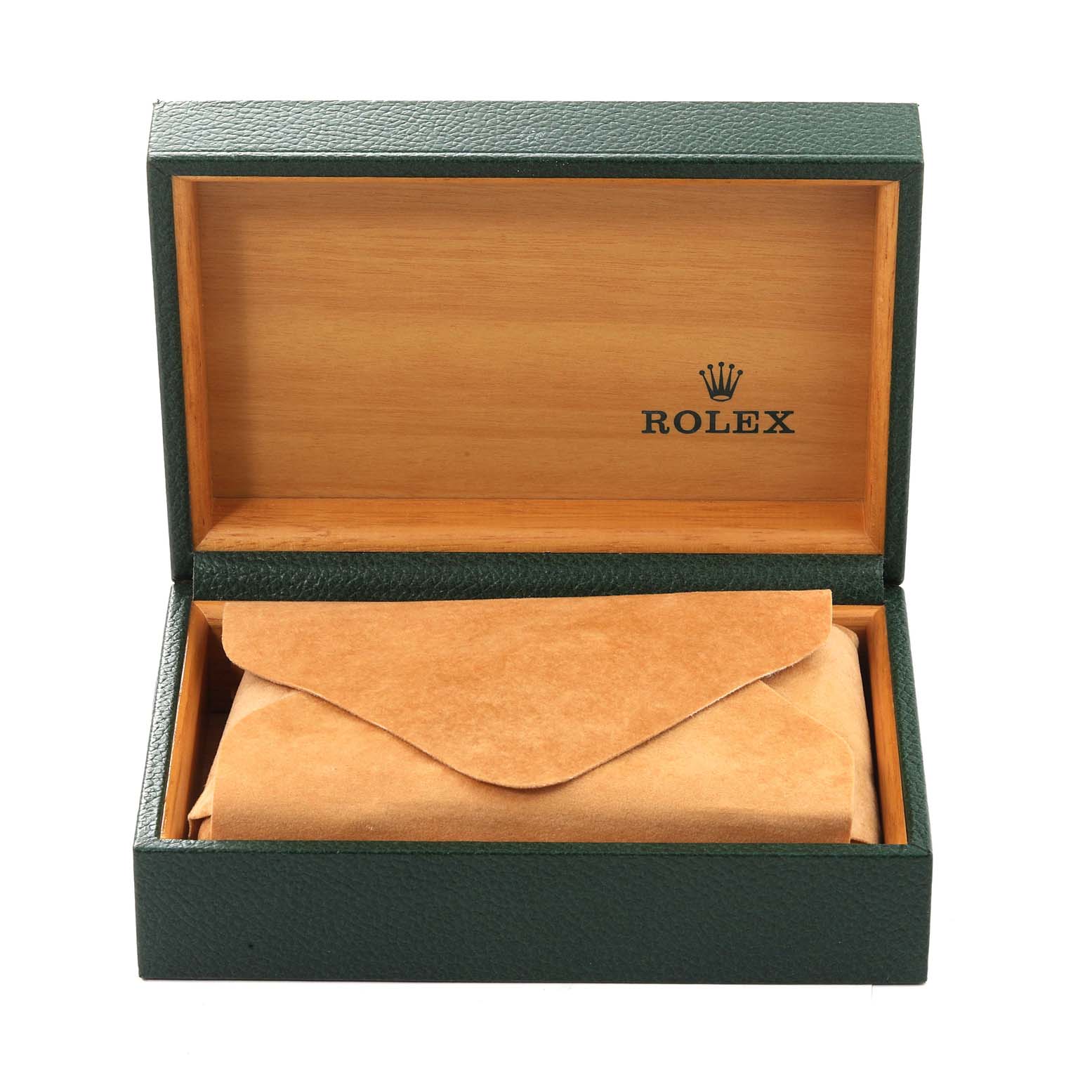 This image shows a green Rolex box open at the front, revealing a leather pouch likely containing the Air-King watch.