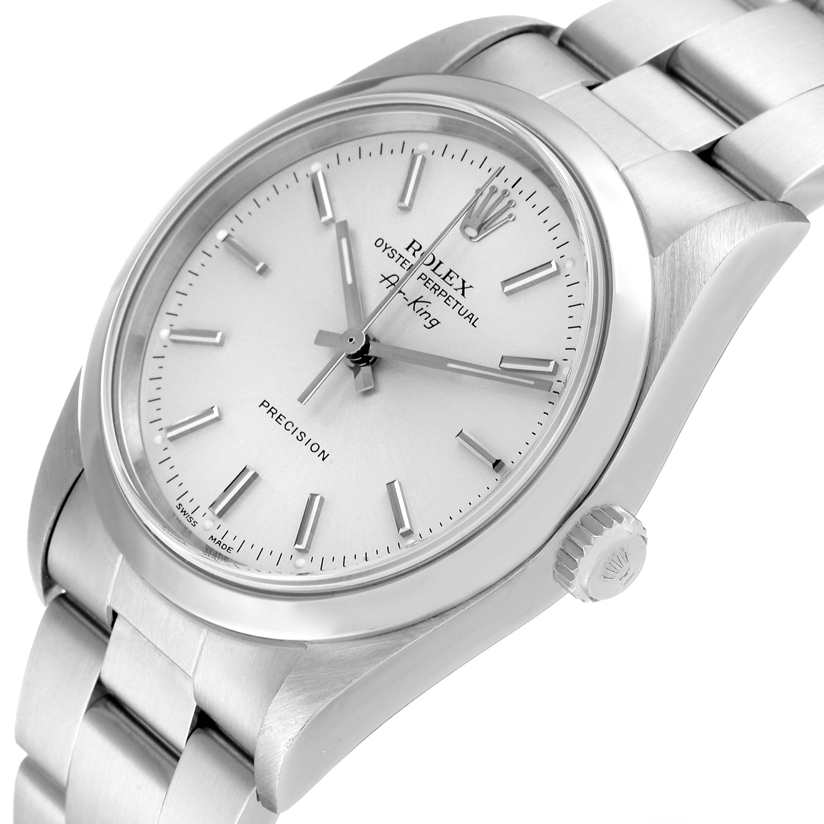 The Rolex Air-King 14000 Men's Stainless Steel Silver Dial 14000 Men's Stainless Steel Silver Dial watch is shown at a slight angle, highlighting its face, bezel, crown, and part of the bracelet.