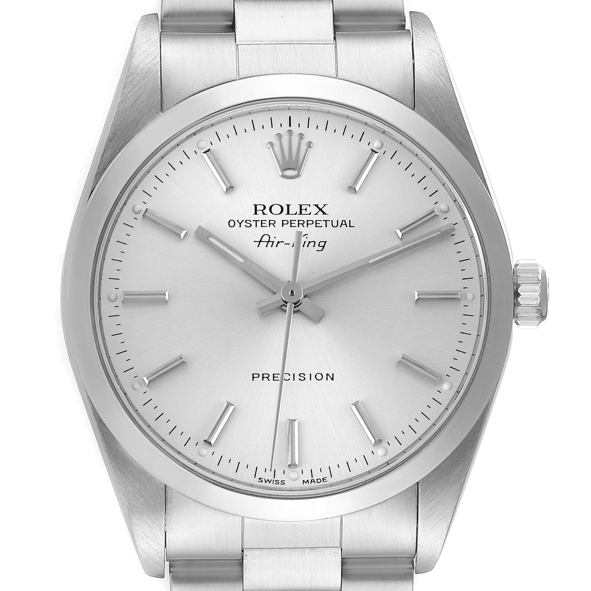The image shows a front view of the Rolex Air-King 14000 Men's Stainless Steel Silver Dial 14000 Men's Stainless Steel Silver Dial watch, displaying the dial, hands, and part of the bracelet.