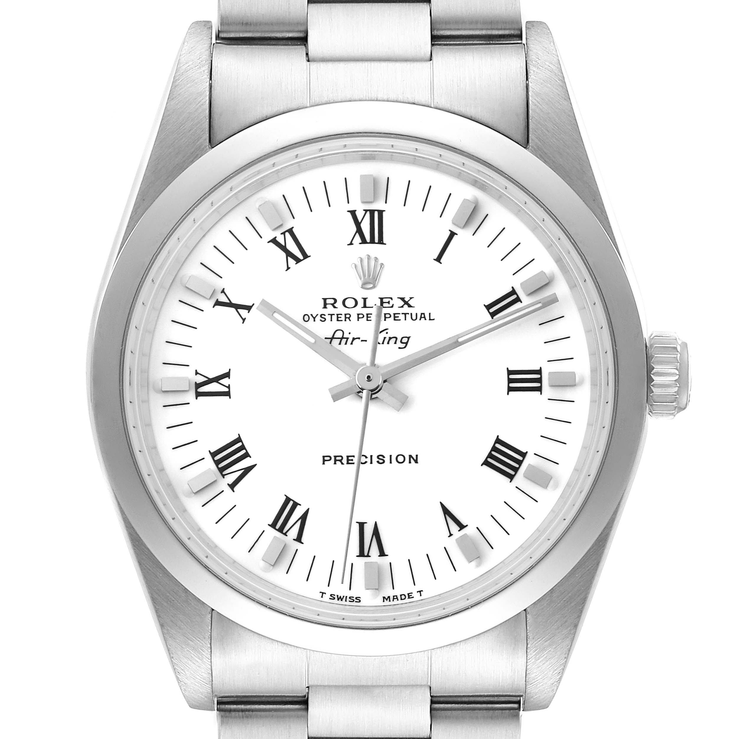 The image shows a frontal view of the Rolex Air-King 14000 Men's Stainless Steel White Dial 14000 Men's Stainless Steel White Dial watch, highlighting its face, bezel, crown, and bracelet.