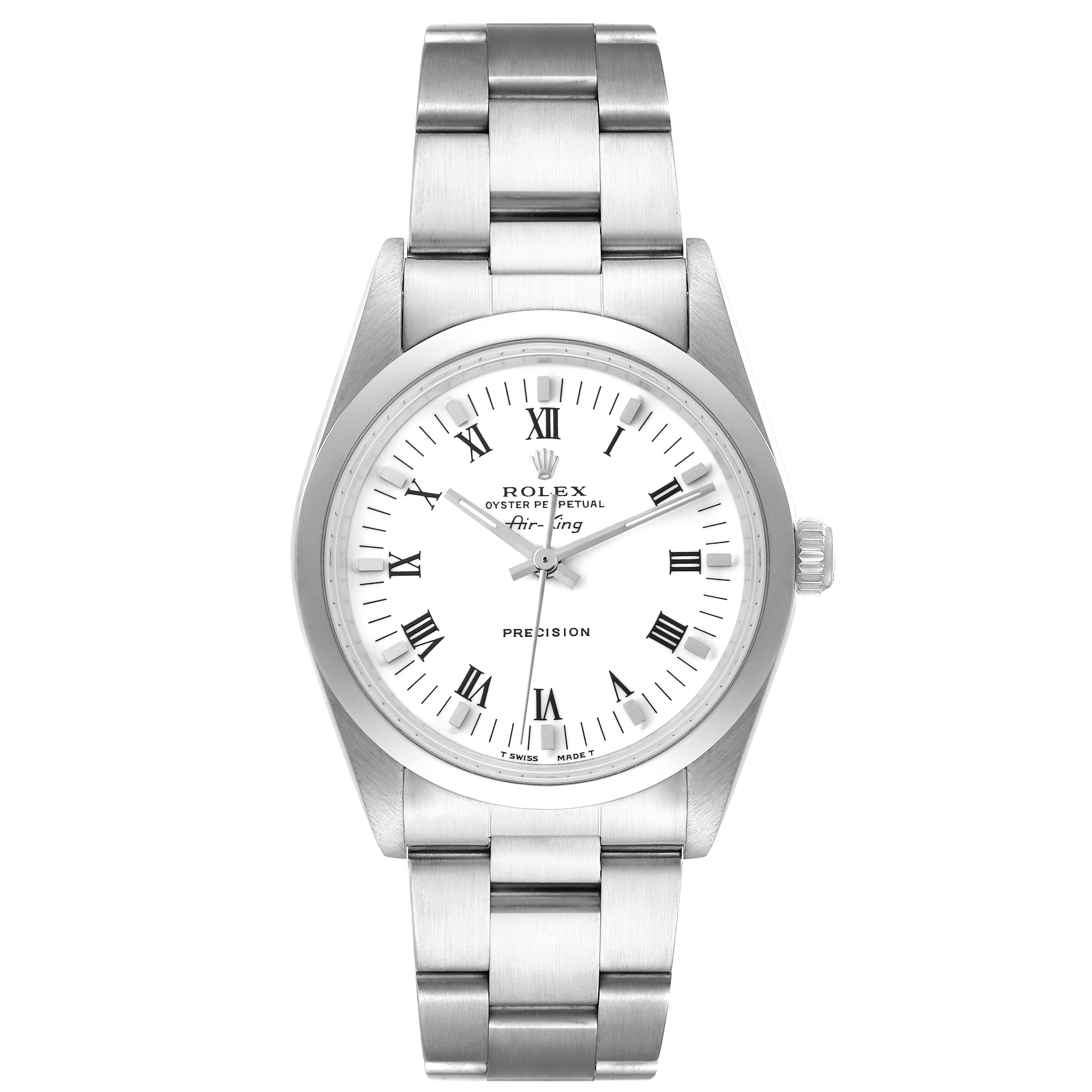 This image shows a Rolex Air-King 14000 Men's Stainless Steel White Dial 14000 Men's Stainless Steel White Dial watch from a top-down angle, displaying the full face, bezel, and bracelet.