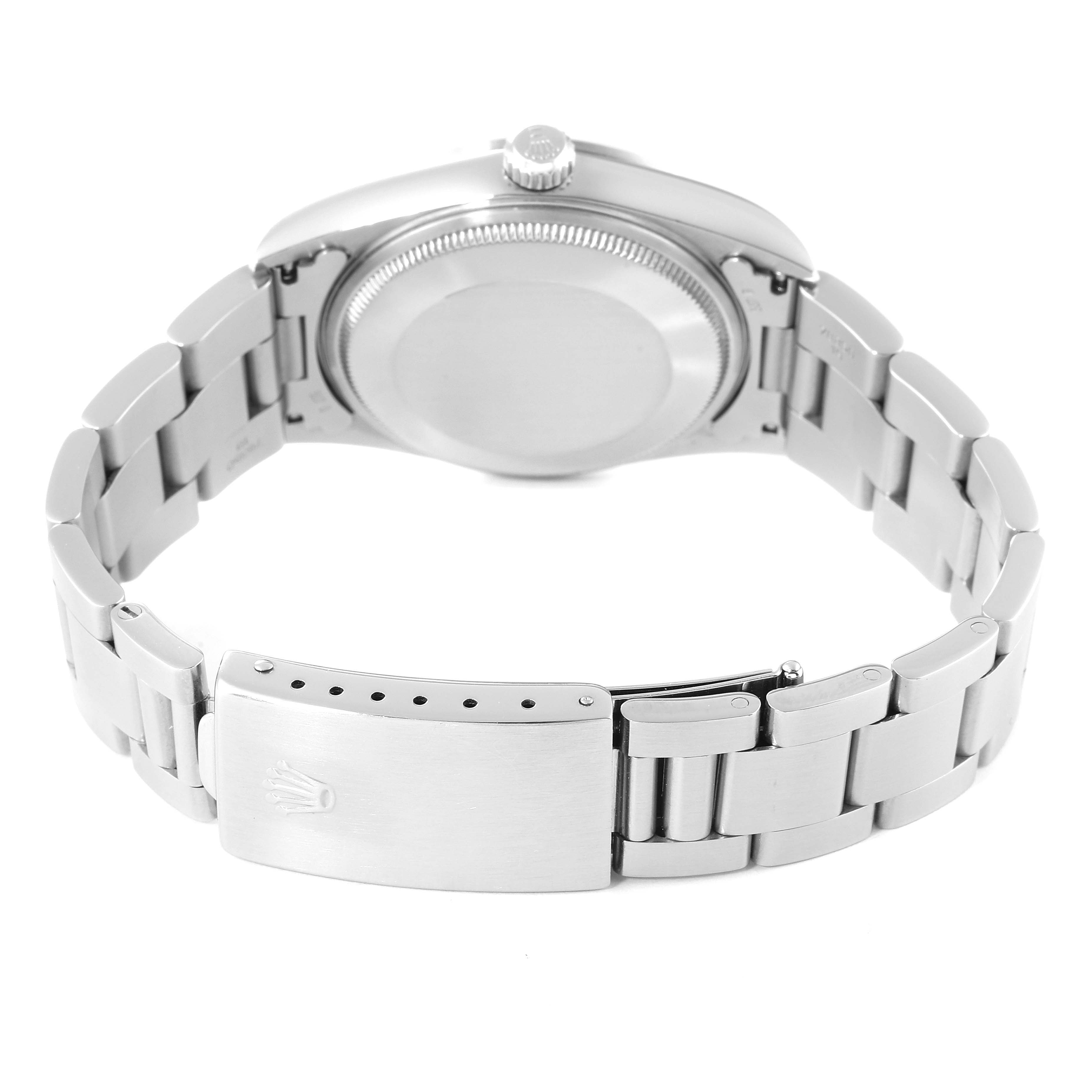 This image shows the back view of an Air-King Rolex watch, focusing on the case back, crown, and bracelet with the clasp.