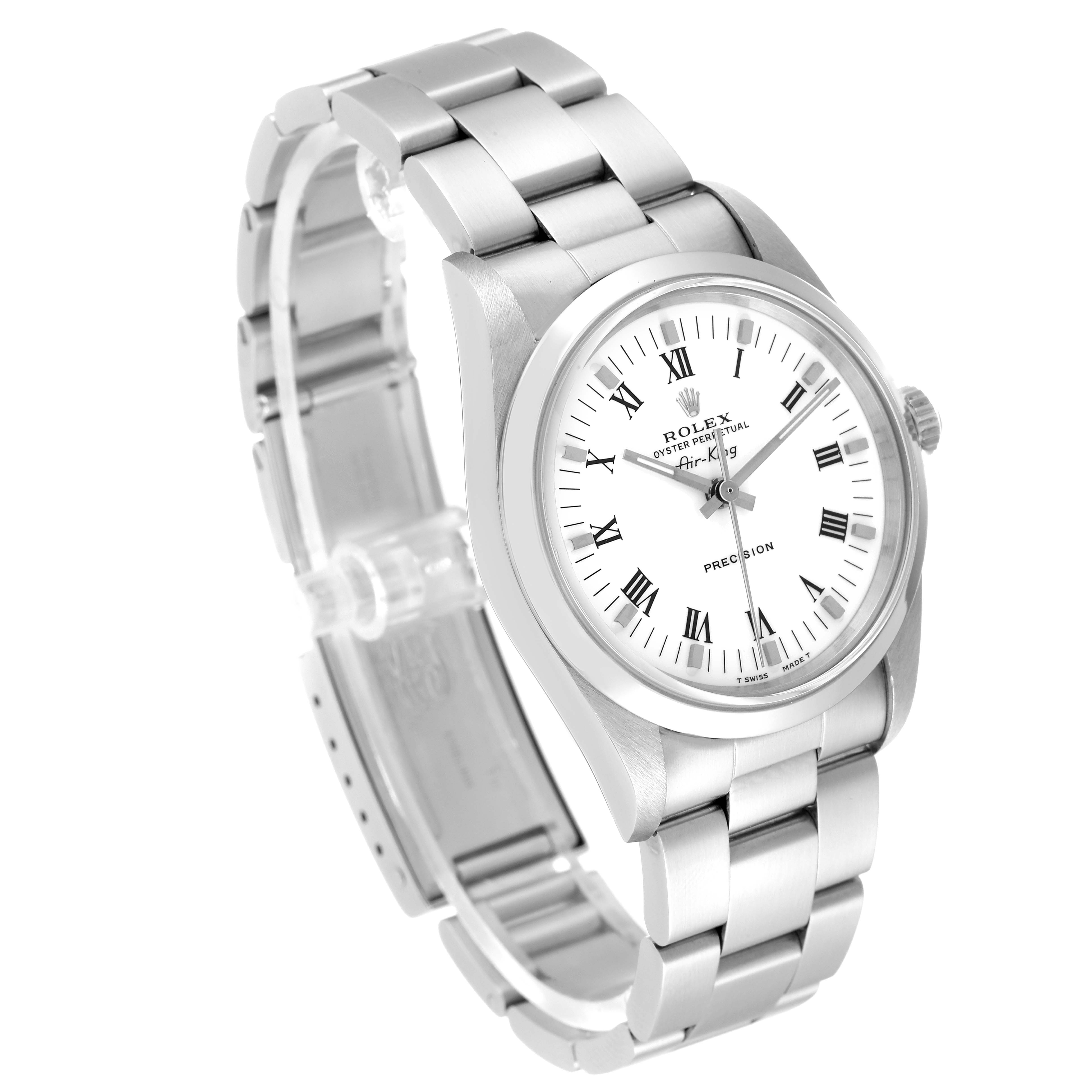 The Rolex Air-King 14000 Men's Stainless Steel White Dial 14000 Men's Stainless Steel White Dial watch is shown at a three-quarter angle, displaying the face, bezel, and bracelet.