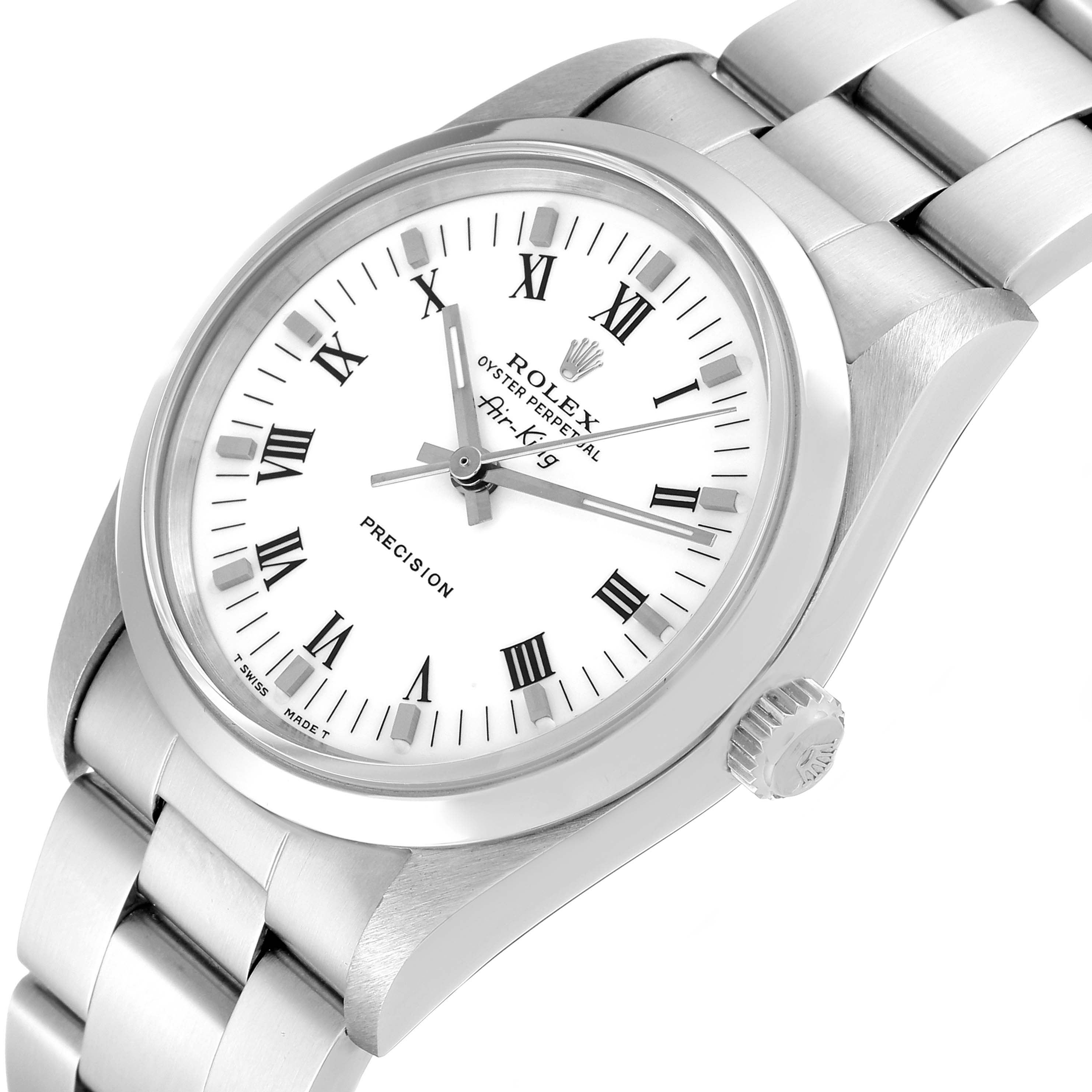 The image shows a Rolex Air-King 14000 Men's Stainless Steel White Dial 14000 Men's Stainless Steel White Dial watch from an angled top-down view, displaying the dial, bezel, crown, and part of the bracelet.