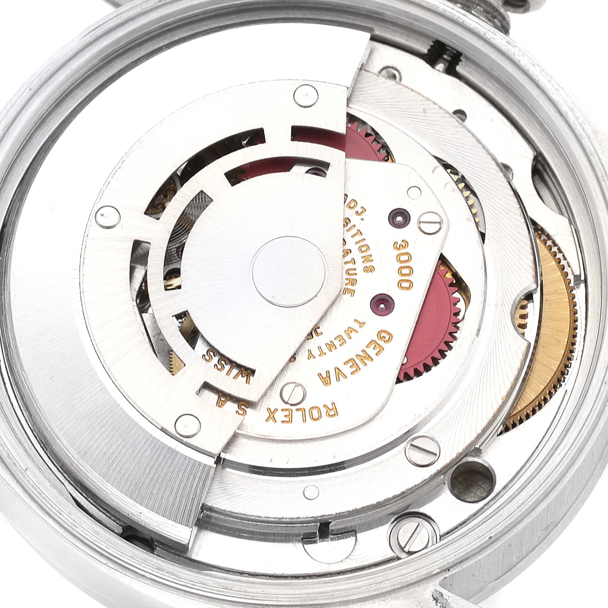 This image shows a close-up view of the inner mechanical movement of a Rolex Air-King 14000 Men's Stainless Steel White Dial 14000 Men's Stainless Steel White Dial watch.