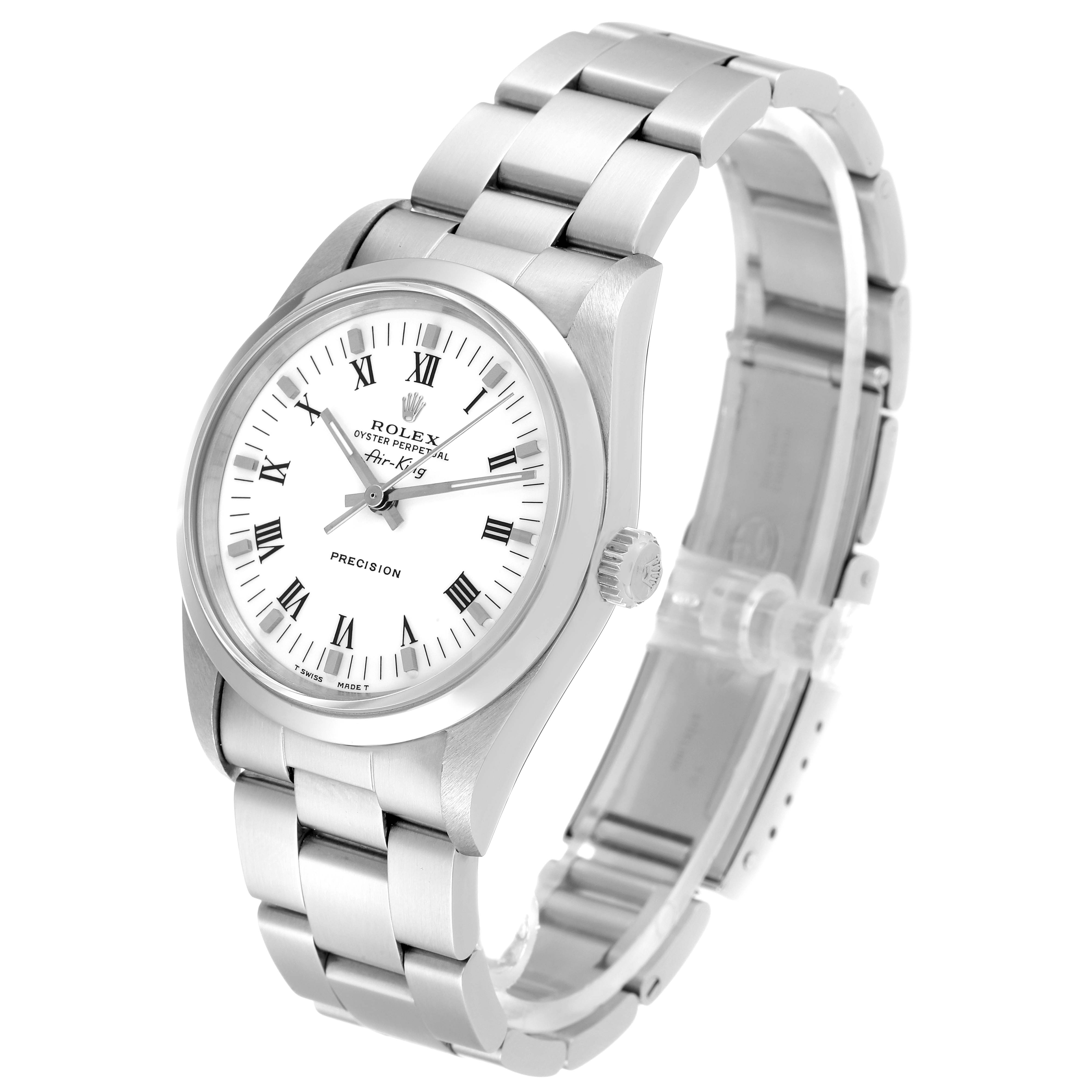 The image shows a Rolex Air-King 14000 Men's Stainless Steel White Dial 14000 Men's Stainless Steel White Dial watch at a three-quarter angle, highlighting its band, crown, and face with Roman numerals.