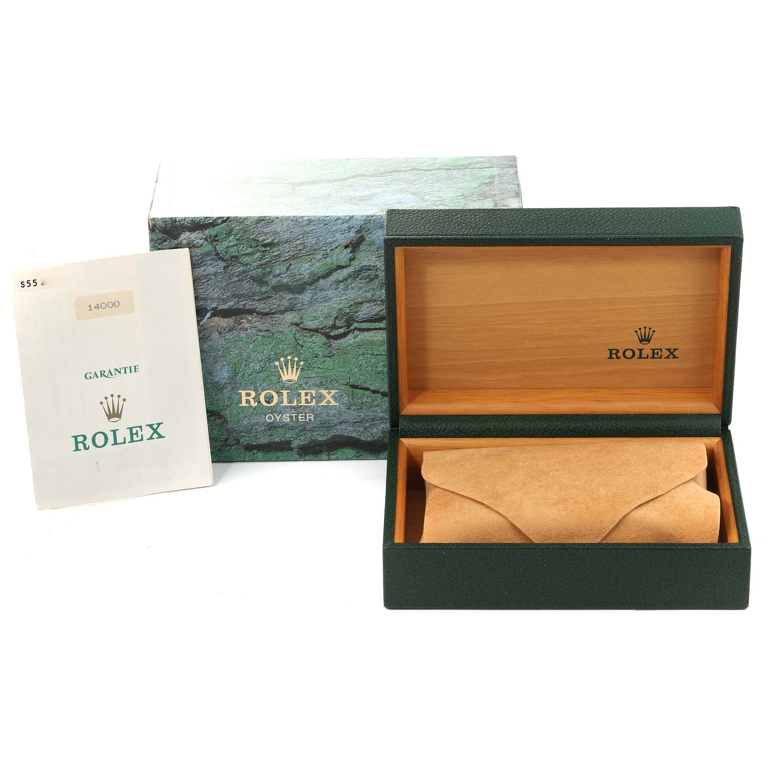 The image shows the packaging and accessories of a Rolex Air-King 14000 Men's Stainless Steel White Dial 14000 Men's Stainless Steel White Dial, including the open box, outer sleeve, and warranty booklet.