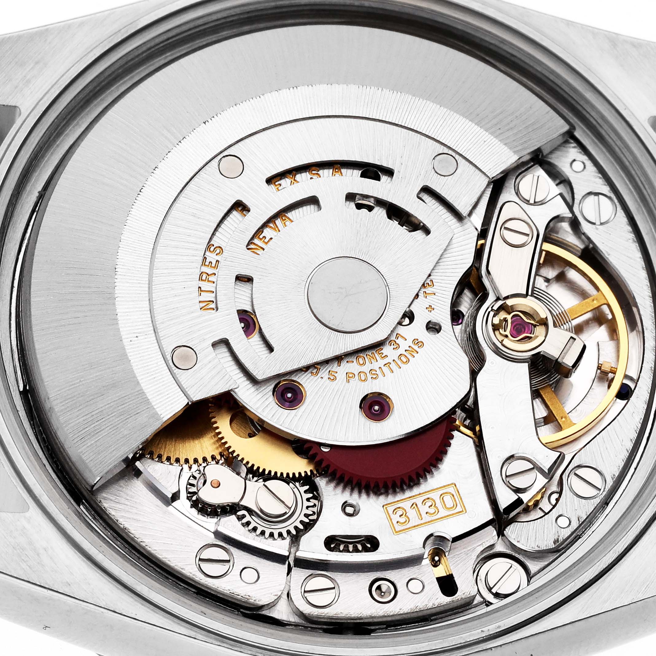 The image shows a close-up view of the intricate movement mechanism inside the Rolex Air-King 14010M Men's Stainless Steel White Dial 14010M Men's Stainless Steel White Dial watch.