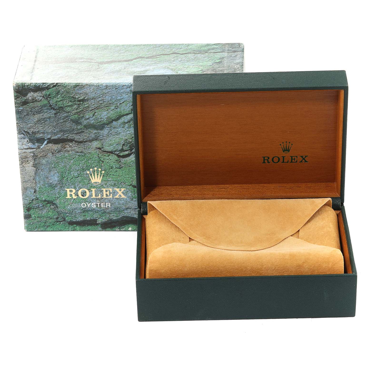 The image shows the packaging for a Rolex Air-King 14010M Men's Stainless Steel White Dial 14010M Men's Stainless Steel White Dial watch, including an open luxury box and an exterior sleeve box.