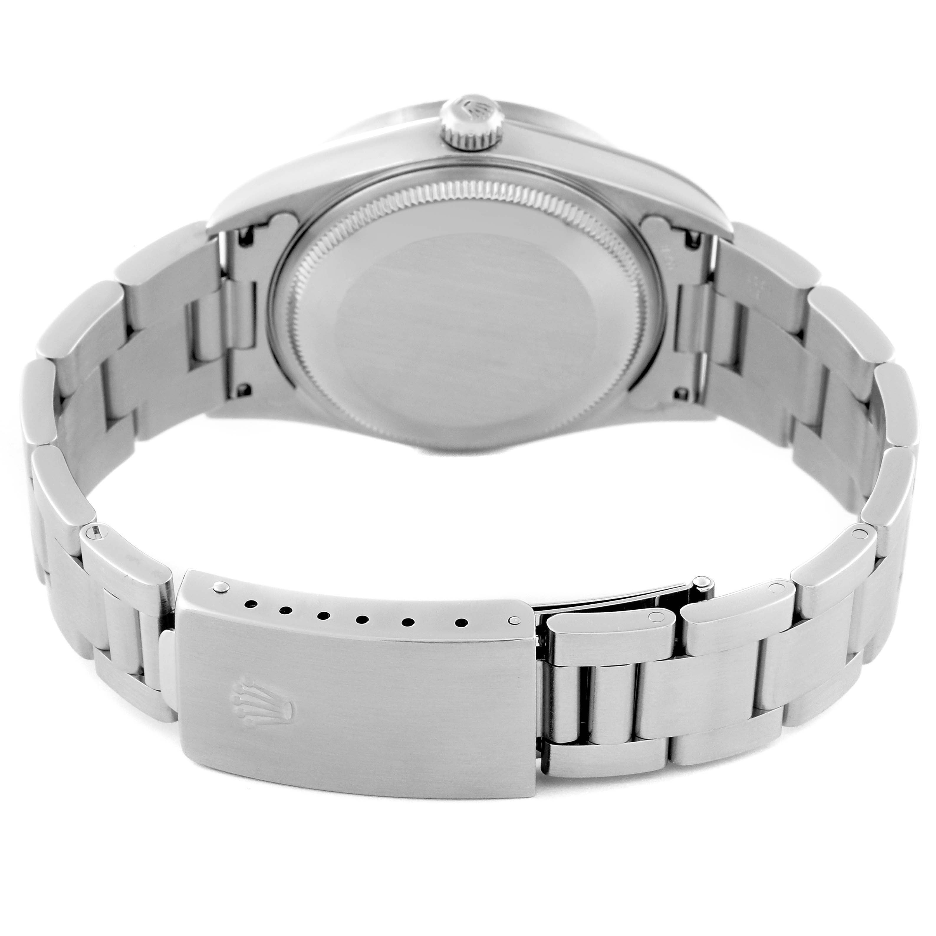 This image shows the back and bracelet clasp of a Rolex Air-King 14010M Men's Stainless Steel White Dial 14010M Men's Stainless Steel White Dial watch from a rear angle.