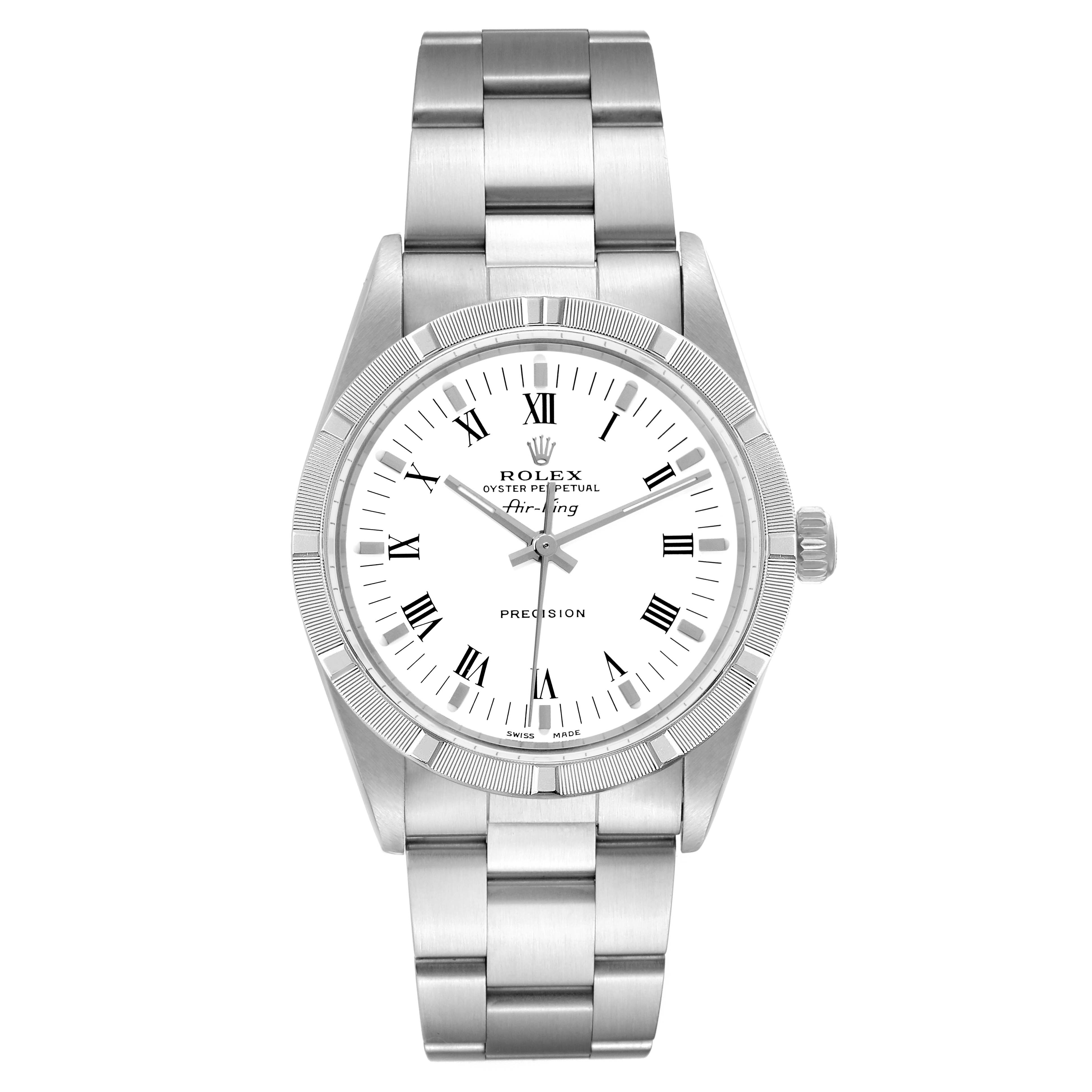 The image shows a front view of the Rolex Air-King 14010M Men's Stainless Steel White Dial 14010M Men's Stainless Steel White Dial watch, highlighting the dial, bezel, case, and bracelet.
