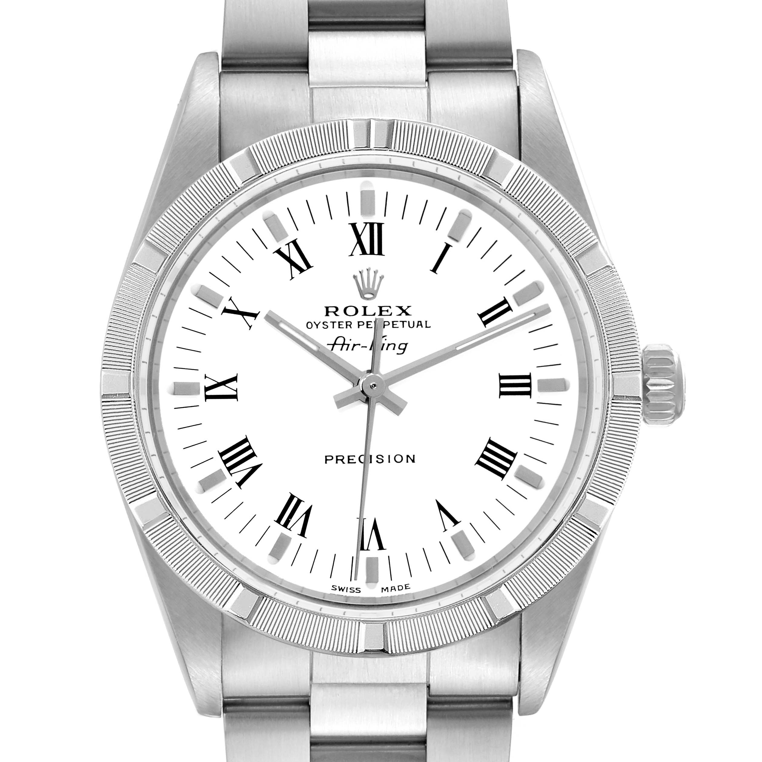 The image shows a front view of a Rolex Air-King 14010M Men's Stainless Steel White Dial 14010M Men's Stainless Steel White Dial watch, displaying its dial, bezel, and part of the bracelet.