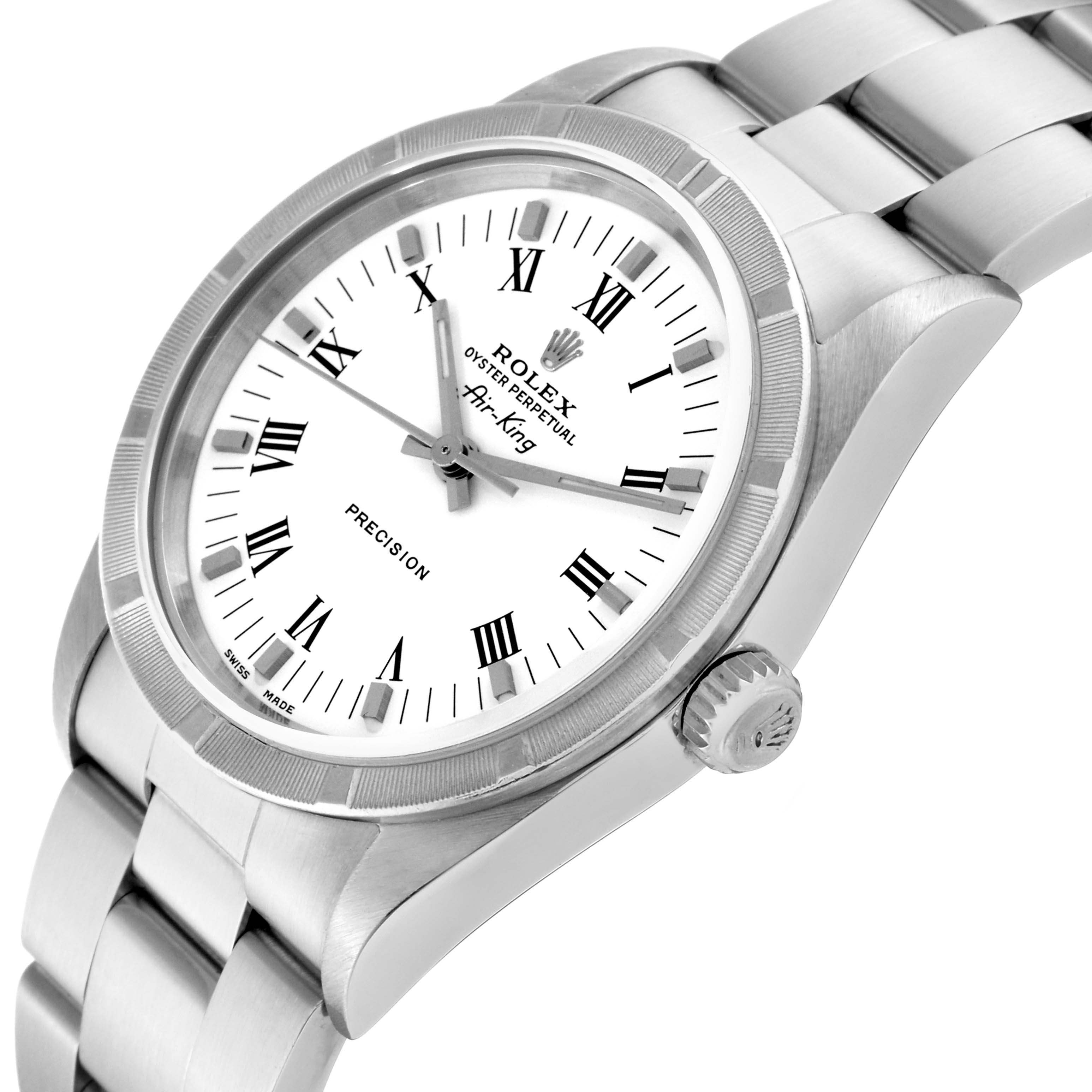 The Rolex Air-King 14010M Men's Stainless Steel White Dial 14010M Men's Stainless Steel White Dial is shown at a slight angle, displaying its face, bezel, crown, and part of the stainless steel bracelet.
