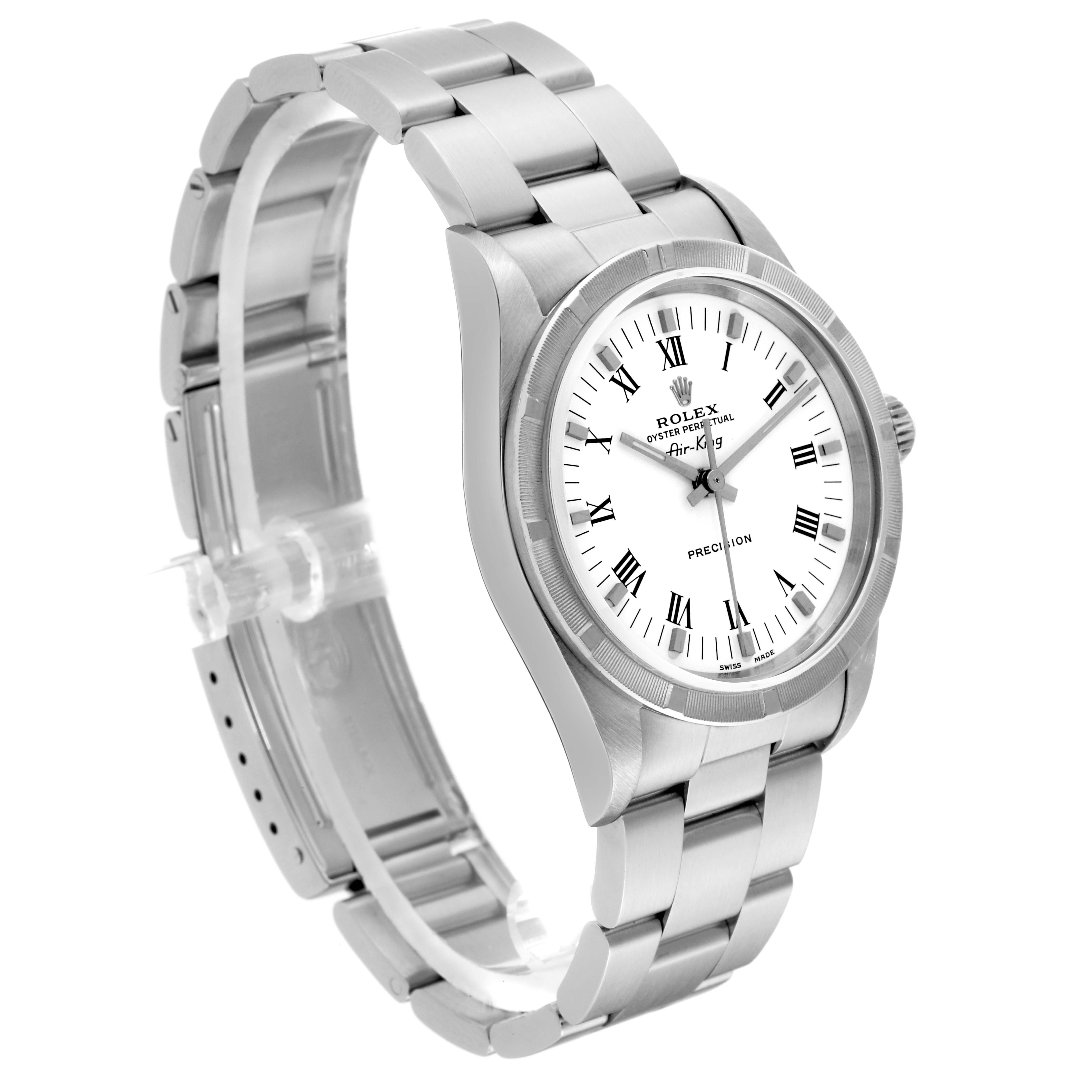 The image shows a side-angle view of the Rolex Air-King 14010M Men's Stainless Steel White Dial 14010M Men's Stainless Steel White Dial watch, displaying its bezel, bracelet, and crown.