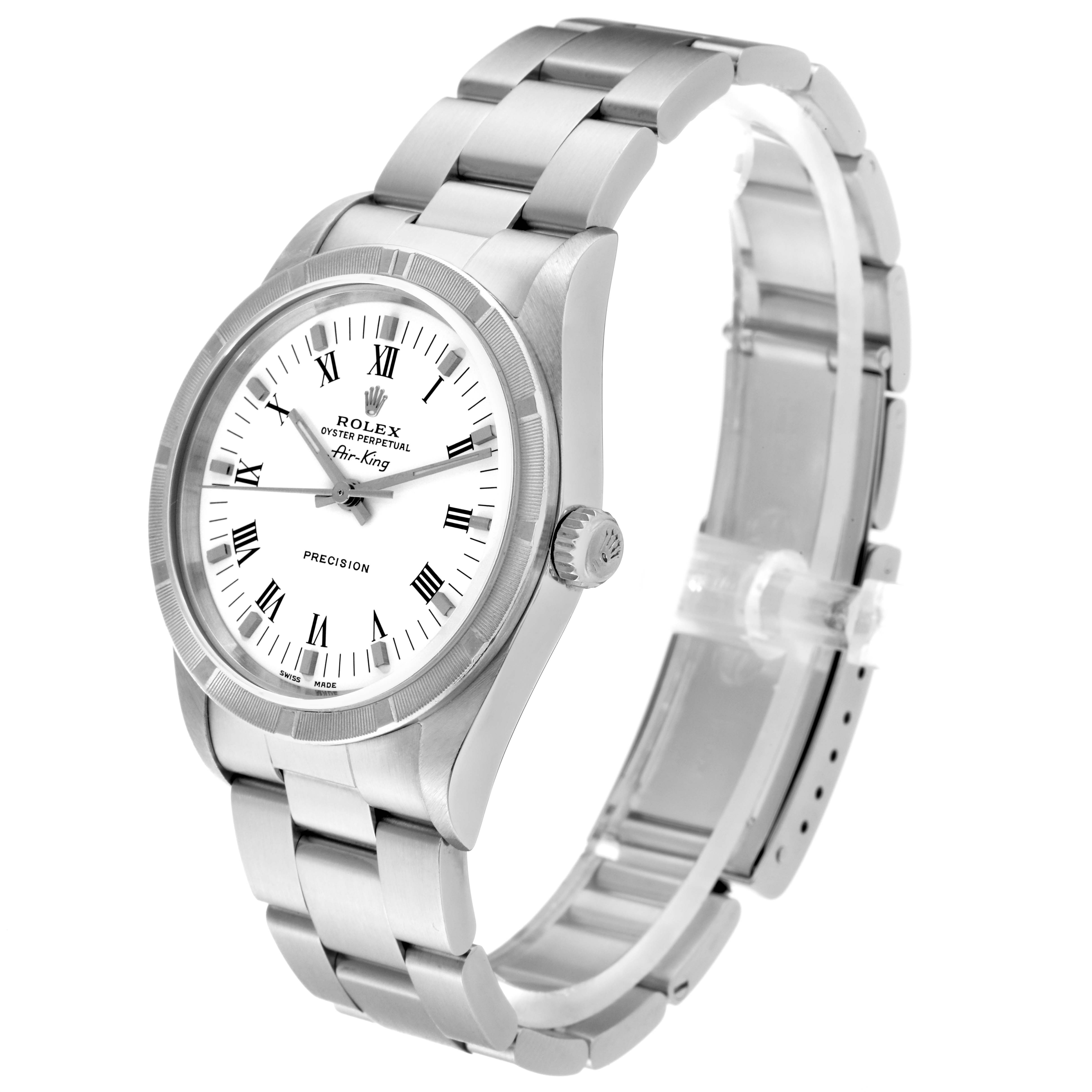 This image shows a Rolex Air-King 14010M Men's Stainless Steel White Dial 14010M Men's Stainless Steel White Dial watch at a slight angle from above, highlighting the face, crown, and bracelet.