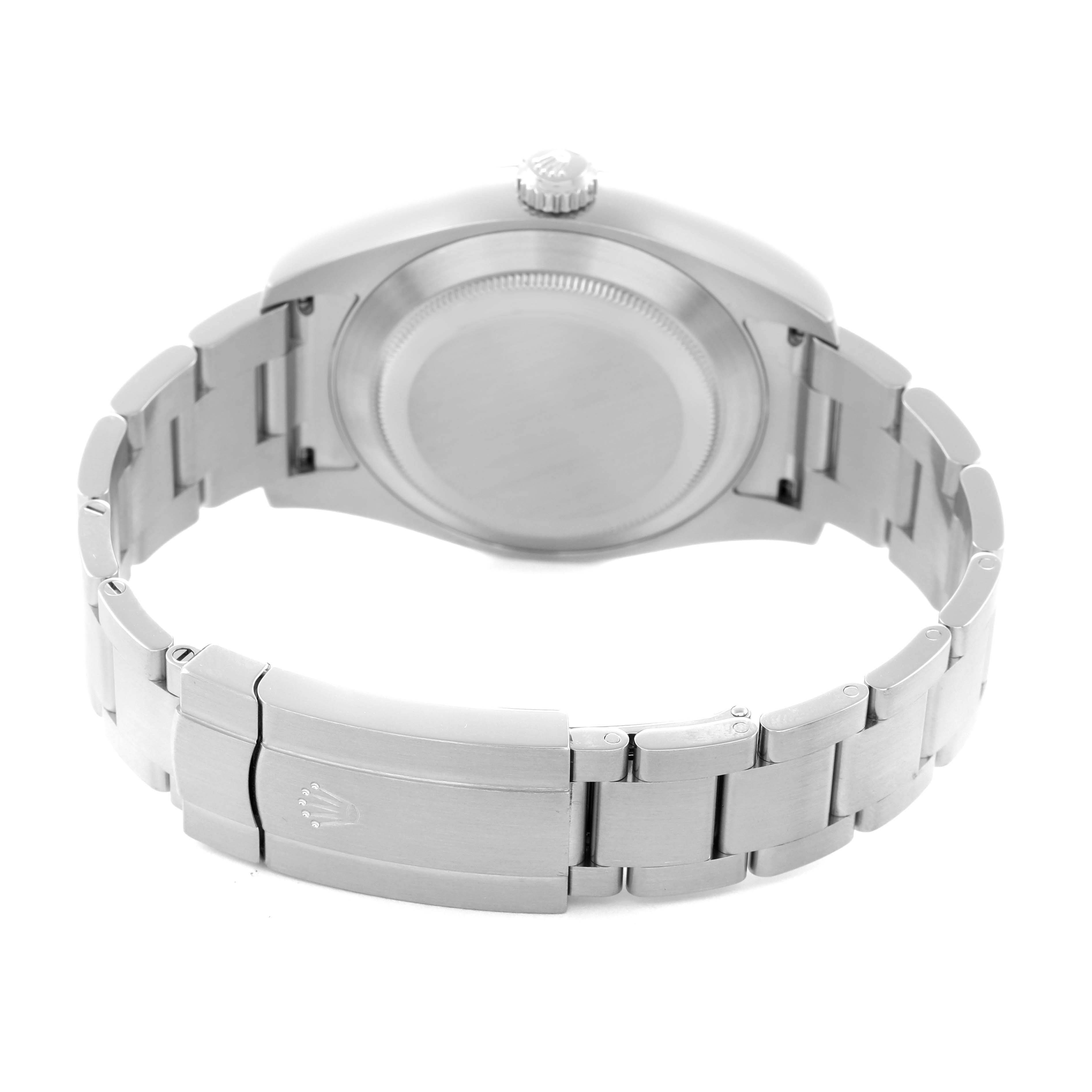 The image shows the back case and clasp of a Rolex Air-King 116900 Men's Stainless Steel Black Dial 116900 Men's Stainless Steel Black Dial, showcasing the bracelet and crown.