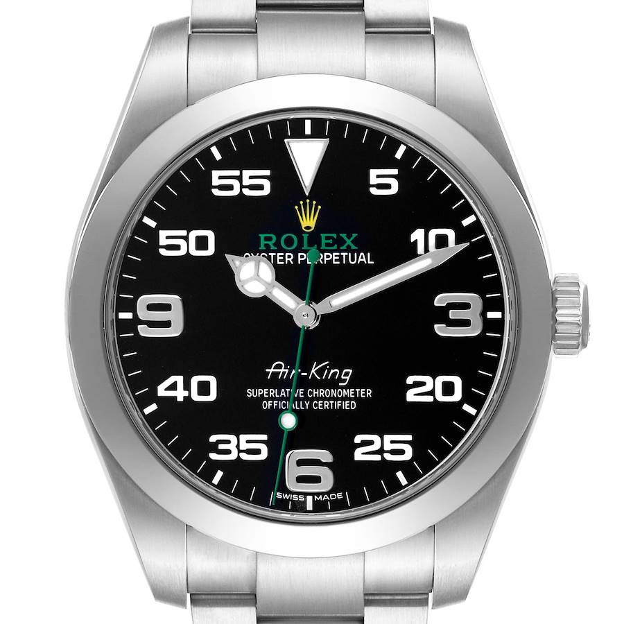 The Rolex Air-King watch is shown from a front angle, displaying the full face, bezel, and part of the bracelet.