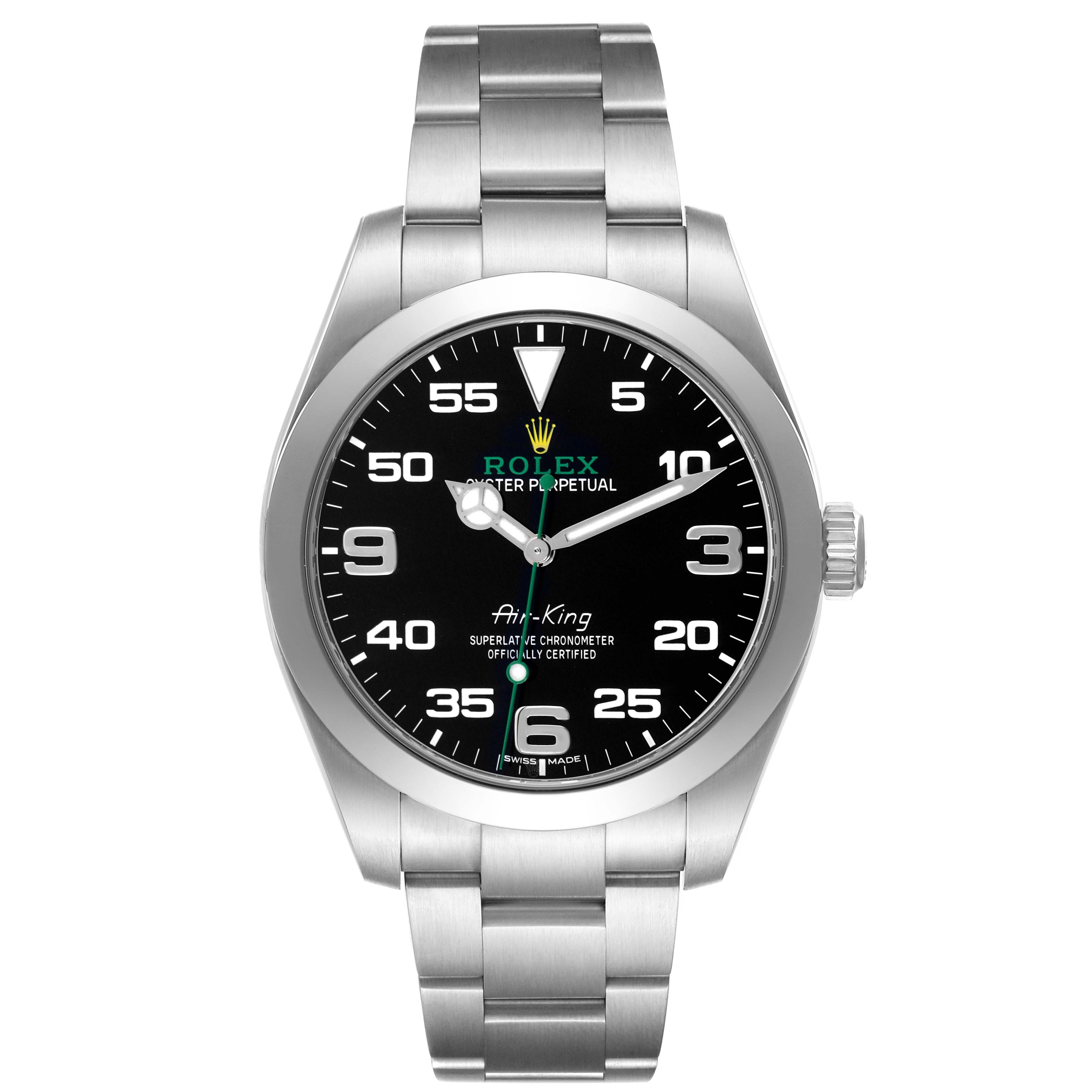 The Rolex Air-King 116900 Men's Stainless Steel Black Dial 116900 Men's Stainless Steel Black Dial watch is shown from a front angle, highlighting its black dial, numerals, and metal bracelet.