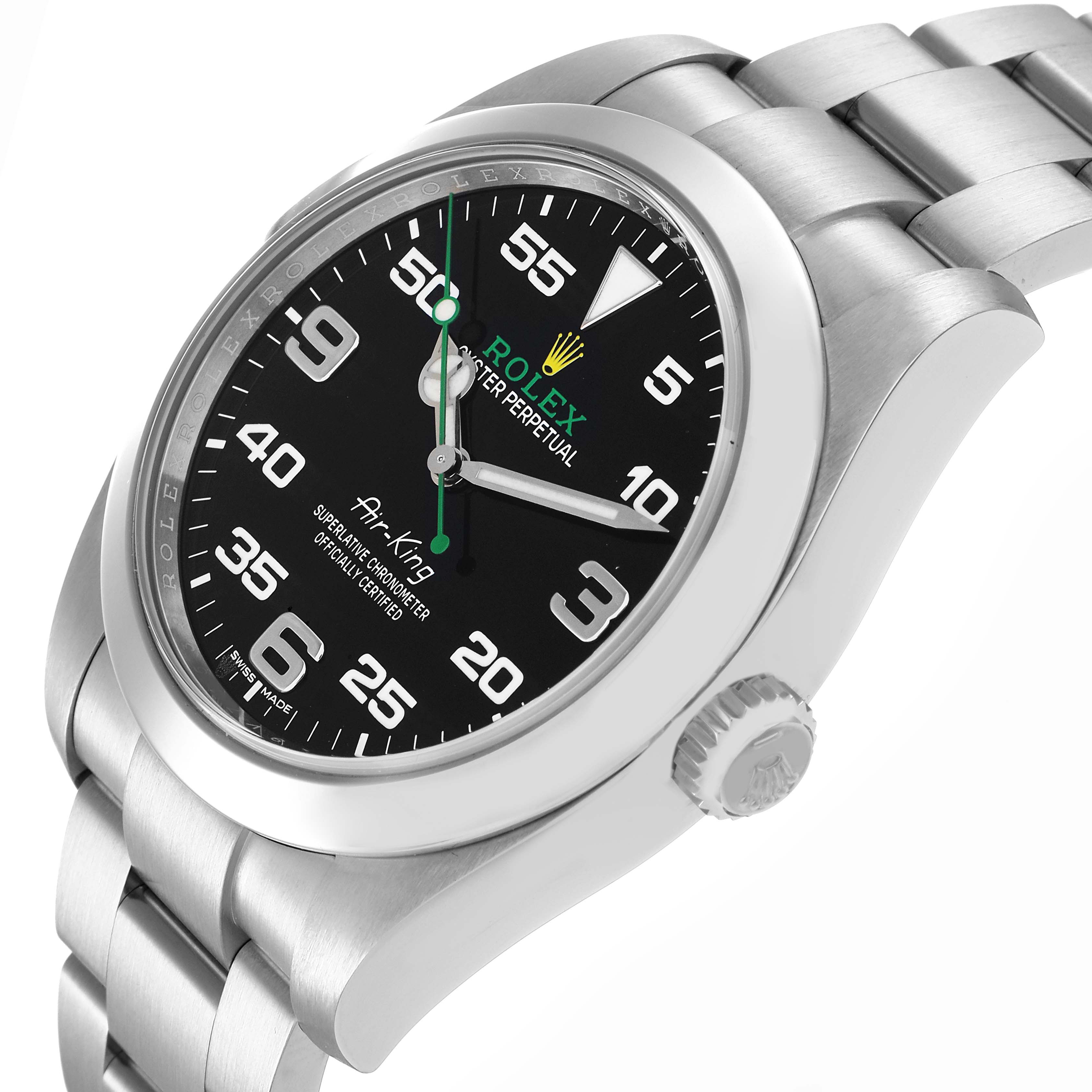 The Rolex Air-King 116900 Men's Stainless Steel Black Dial 116900 Men's Stainless Steel Black Dial watch is shown at an angle displaying the face, crown, and part of the bracelet.