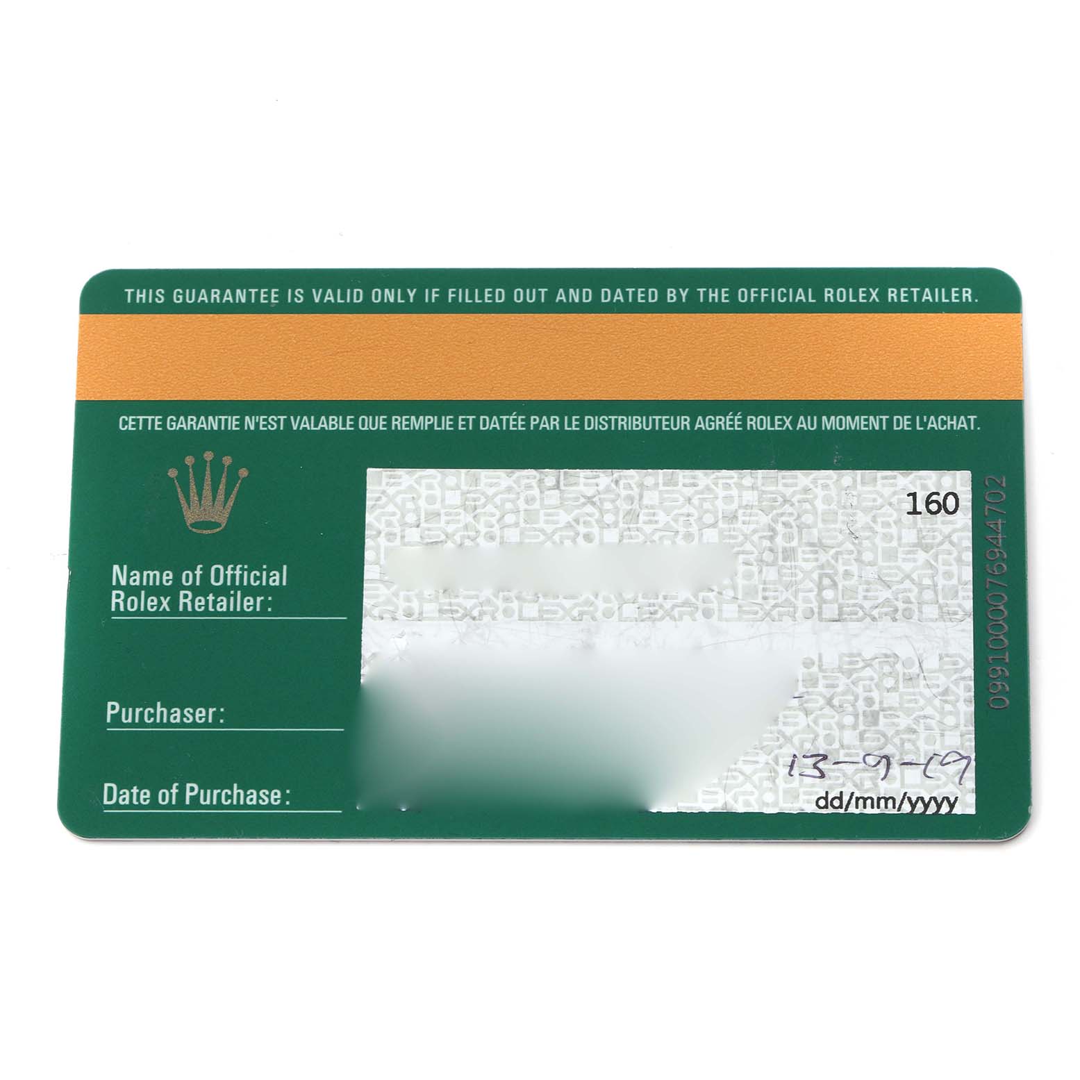 The image shows a Rolex warranty card for the Air-King model, displaying purchase details.