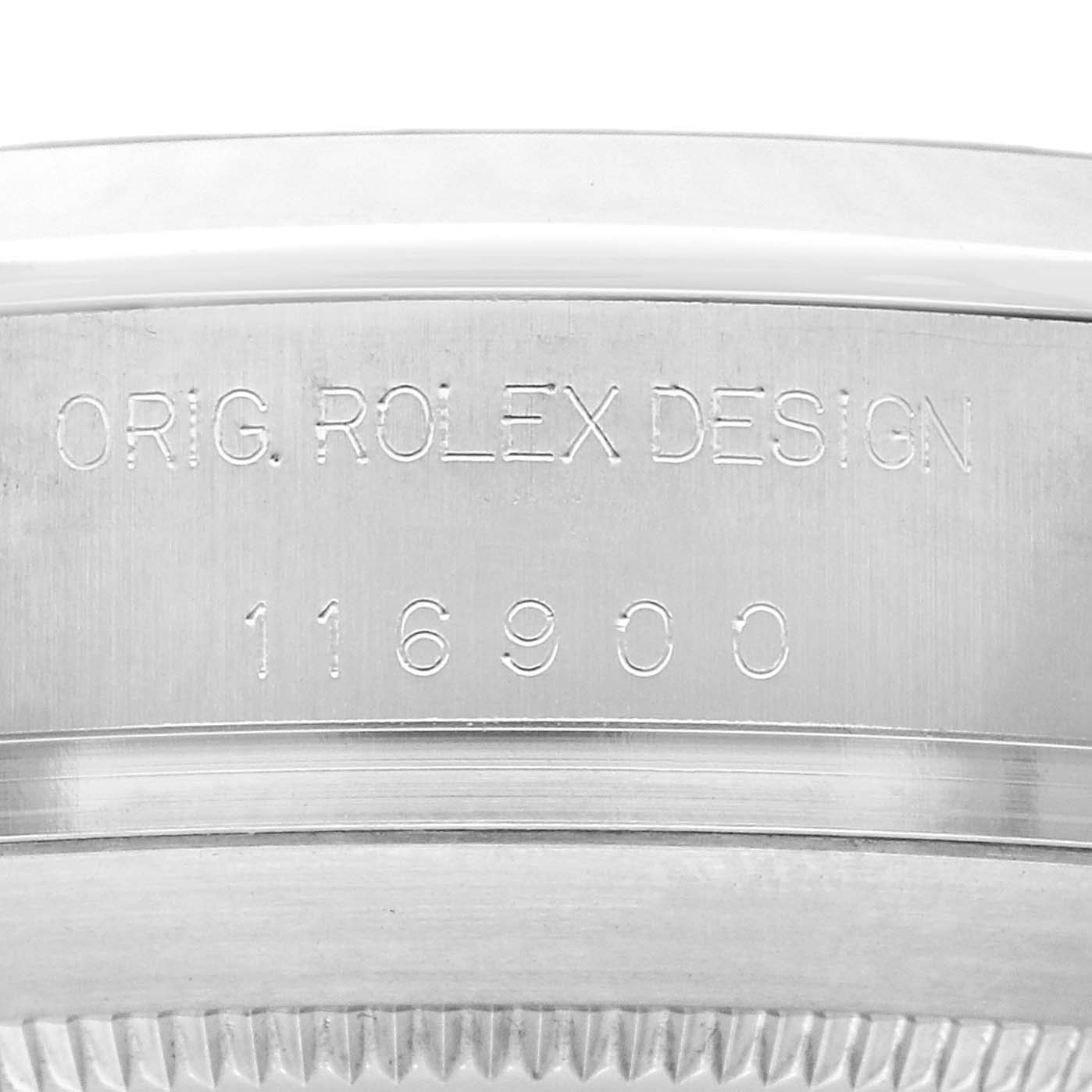 The image shows the side view of the Rolex Air-King 116900 Men's Stainless Steel Black Dial 116900 Men's Stainless Steel Black Dial case, featuring engraved model and design details.