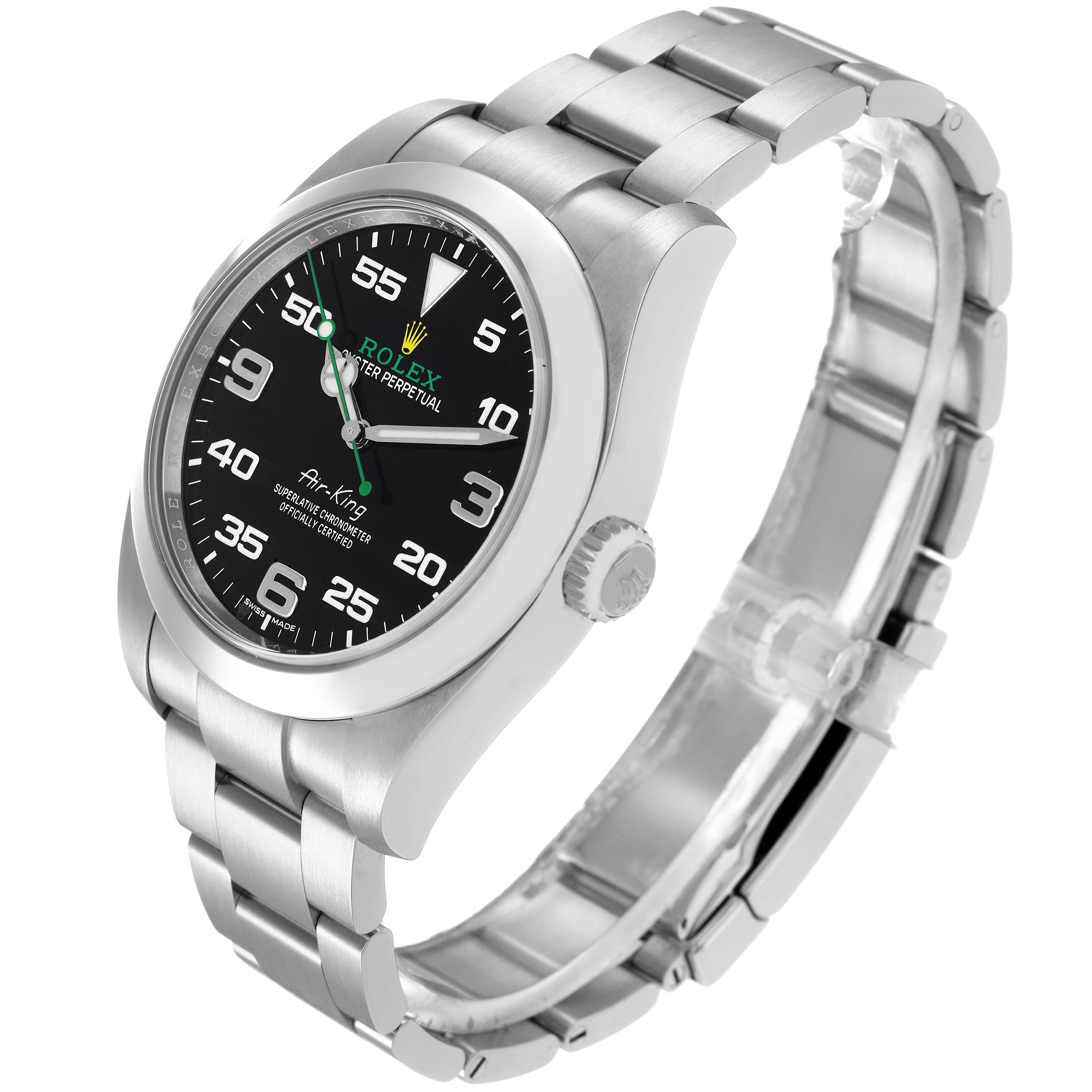 The Rolex Air-King 116900 Men's Stainless Steel Black Dial 116900 Men's Stainless Steel Black Dial watch is shown at an angled side view, featuring the face, bezel, crown, and bracelet.