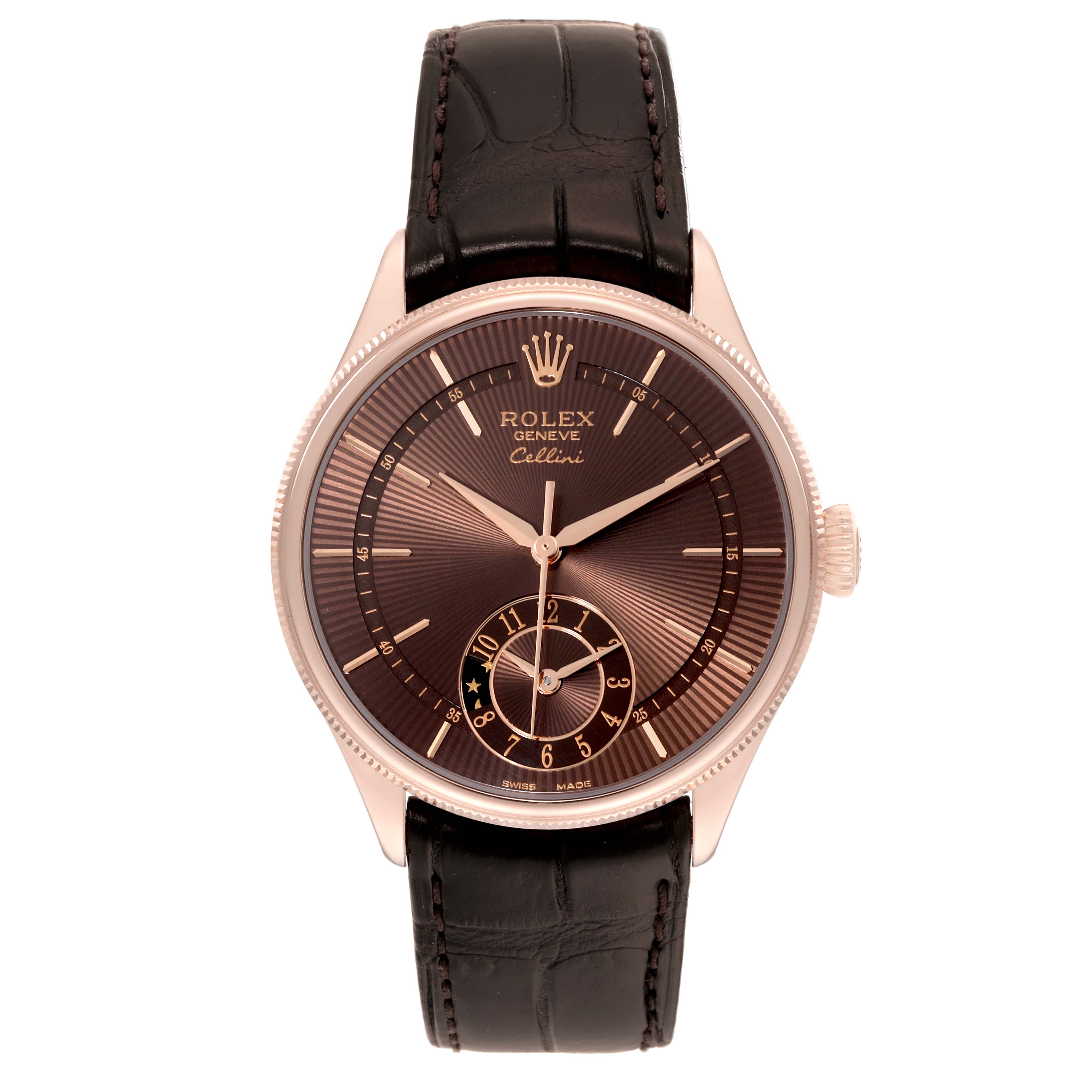 This is a Rolex Cellini 50525 Men's Rose Gold Brown Dial 50525 Men's Rose Gold Brown Dial model watch shown from a front angle, featuring its dial and leather strap.