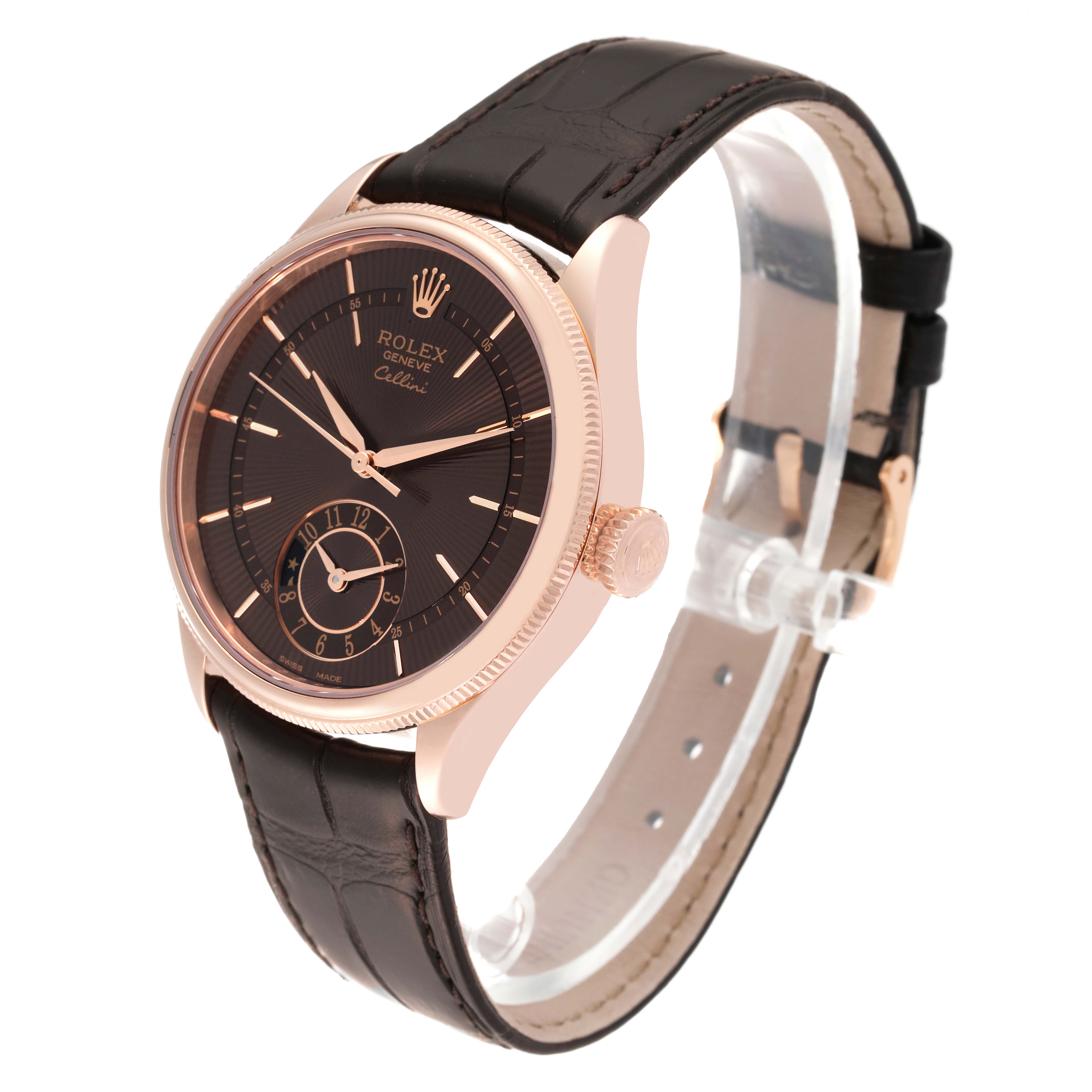 This image shows a side-angle view of a Rolex Cellini 50525 Men's Rose Gold Brown Dial 50525 Men's Rose Gold Brown Dial watch, highlighting the dial and leather strap.