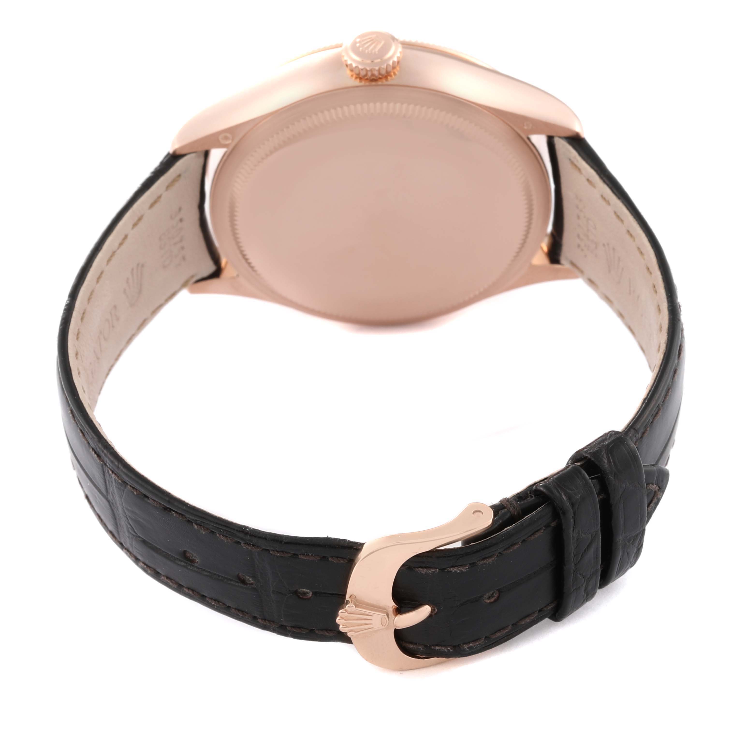 This image shows the back of the Rolex Cellini 50525 Men's Rose Gold Brown Dial 50525 Men's Rose Gold Brown Dial watch, highlighting its leather strap and buckle.