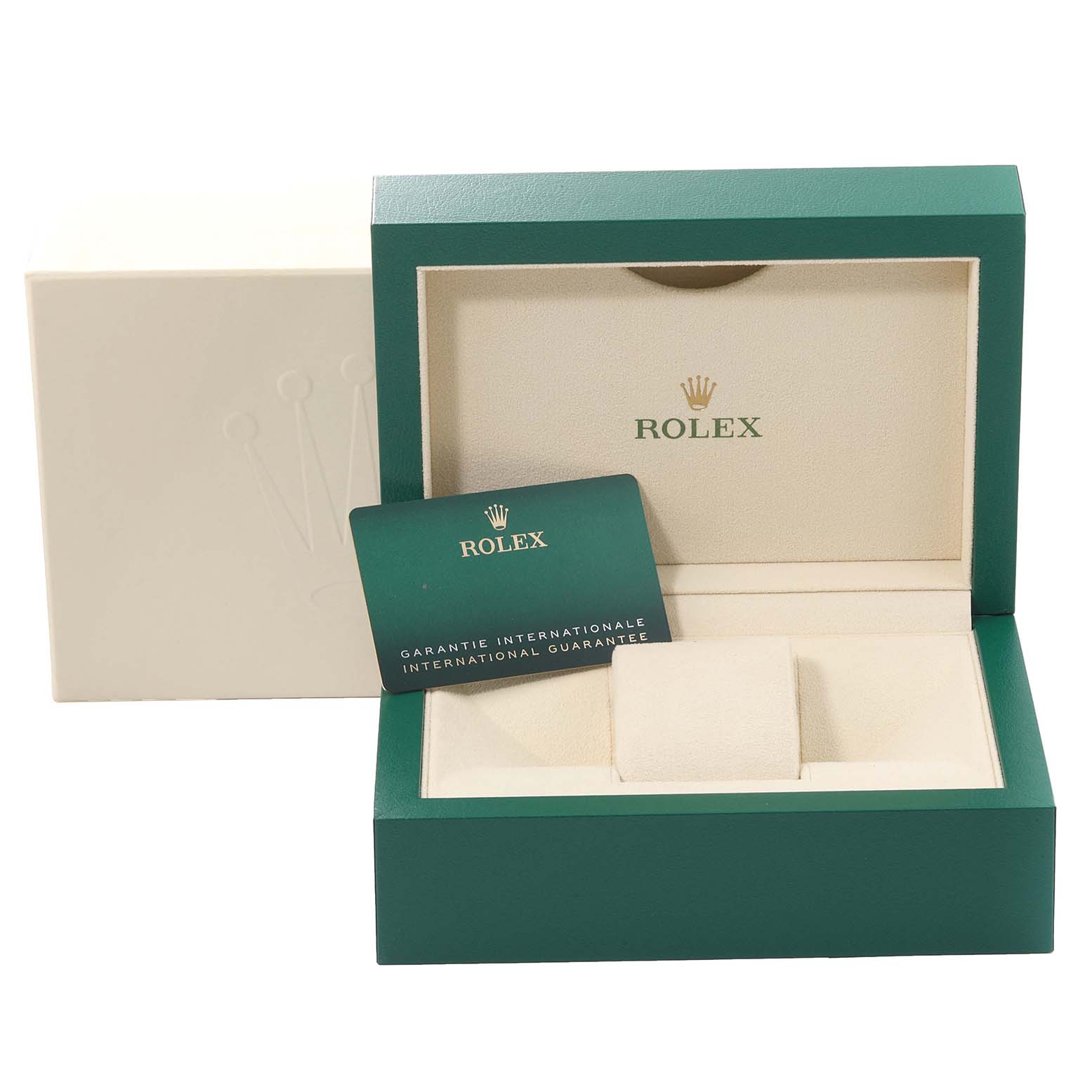 The image shows an open Rolex Cellini 50525 Men's Rose Gold Brown Dial 50525 Men's Rose Gold Brown Dial watch box with a guarantee card placed inside.