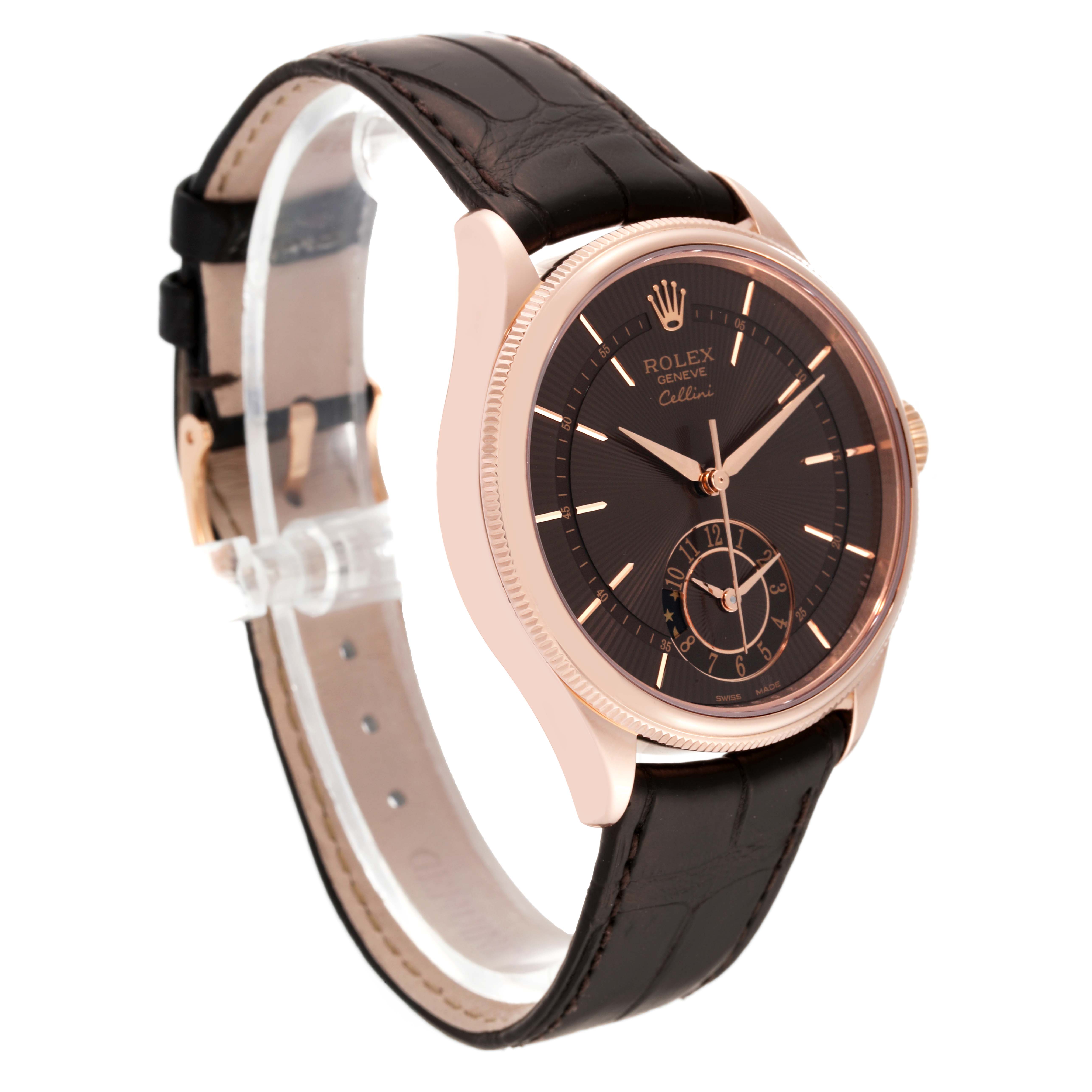 The Rolex Cellini 50525 Men's Rose Gold Brown Dial 50525 Men's Rose Gold Brown Dial watch is shown at a three-quarter angle, displaying its face, bezel, and leather strap.