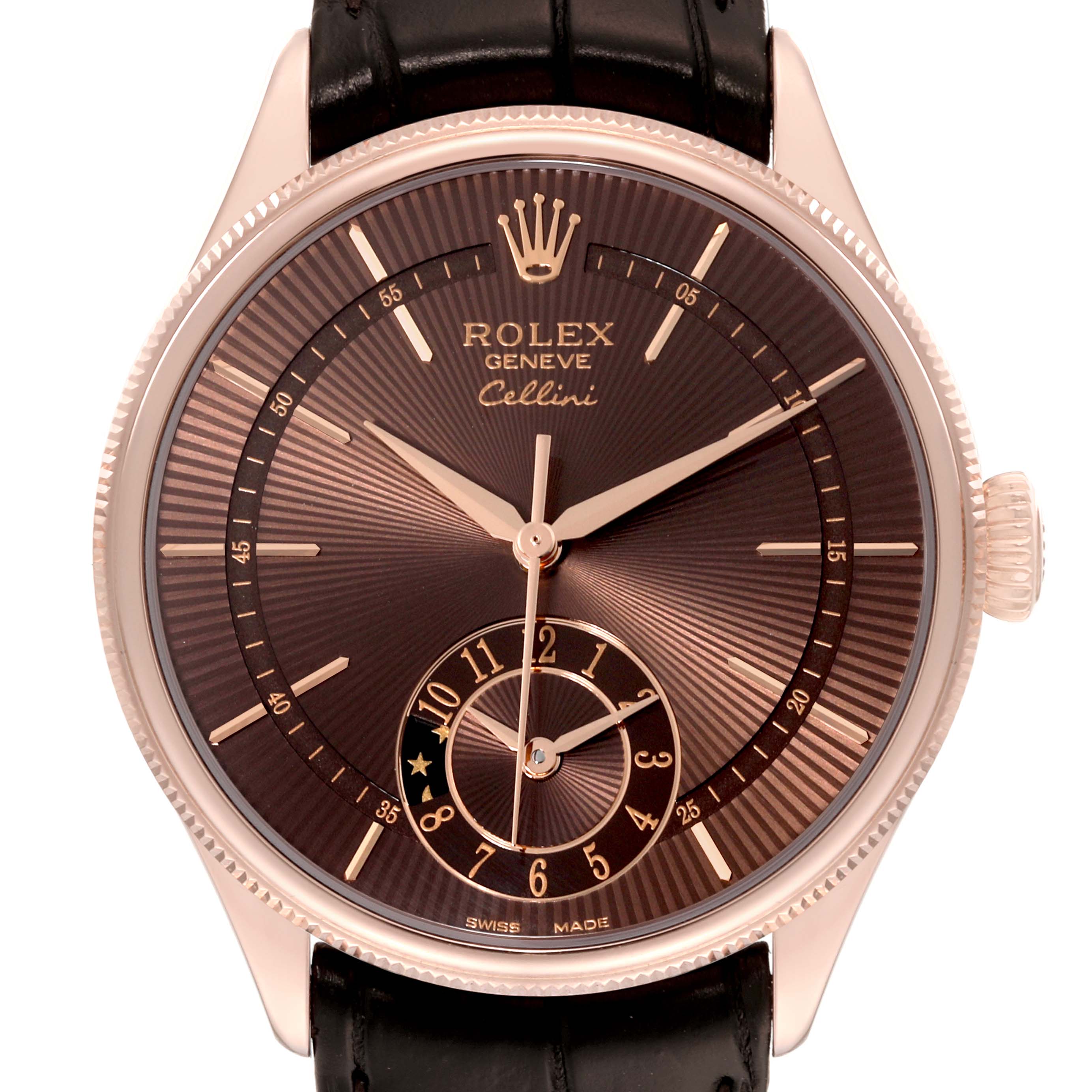 The image shows a close-up, front view of a Rolex Cellini 50525 Men's Rose Gold Brown Dial 50525 Men's Rose Gold Brown Dial watch, highlighting its face, hands, and leather strap.