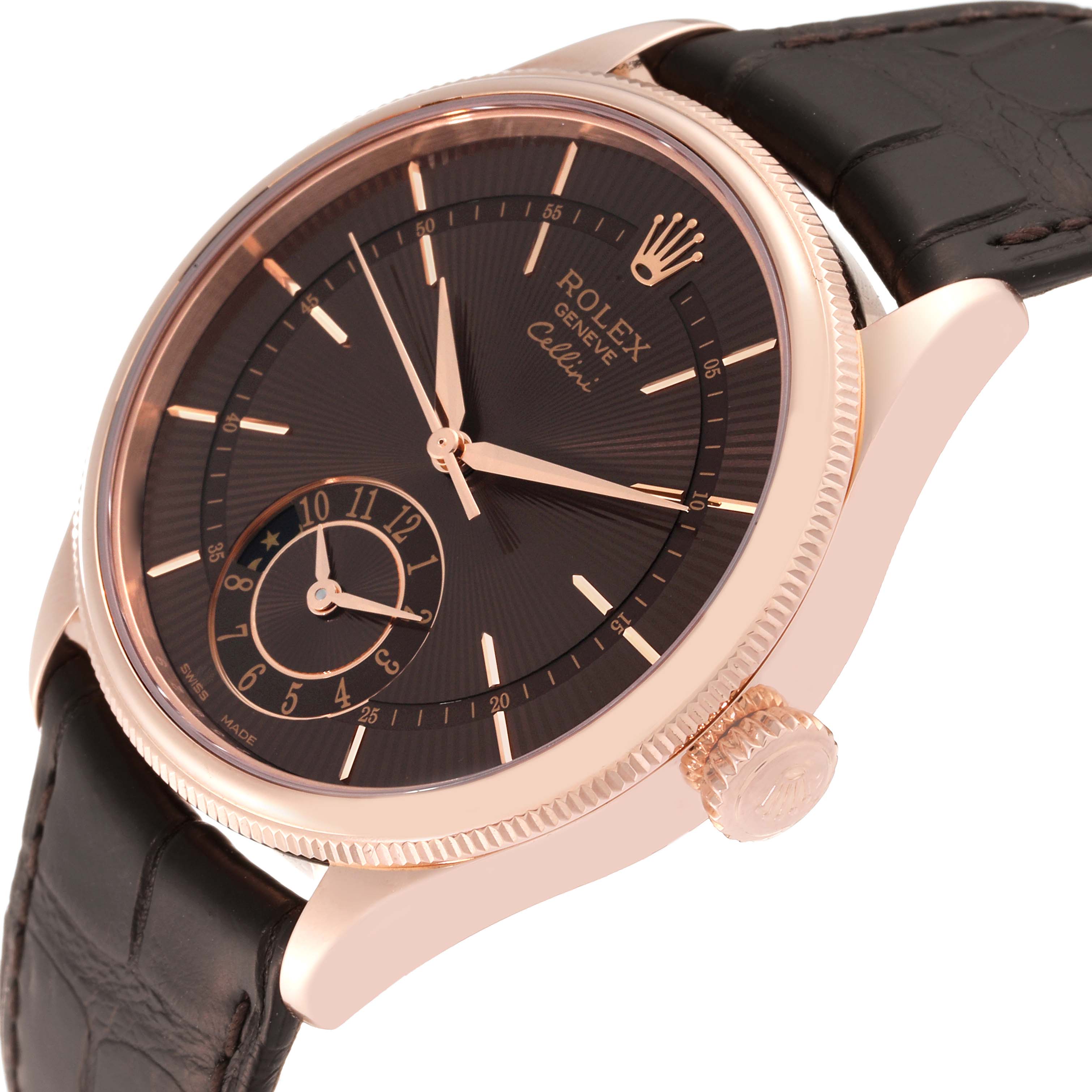The image shows a side-angle view of the Rolex Cellini 50525 Men's Rose Gold Brown Dial 50525 Men's Rose Gold Brown Dial watch, highlighting the dial, crown, and leather strap.