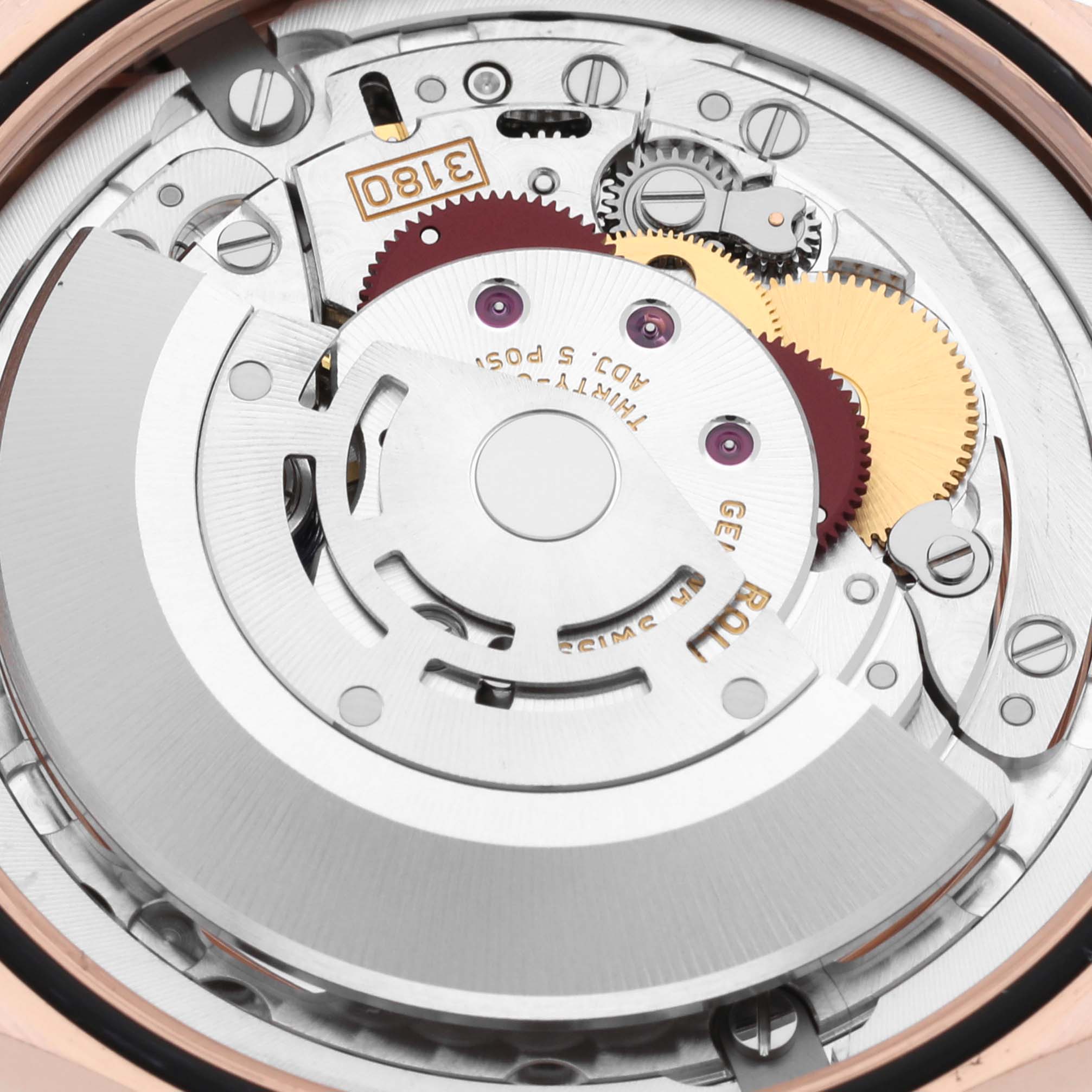 The image shows a close-up of the movement mechanism of a Rolex Cellini 50525 Men's Rose Gold Brown Dial 50525 Men's Rose Gold Brown Dial model watch.