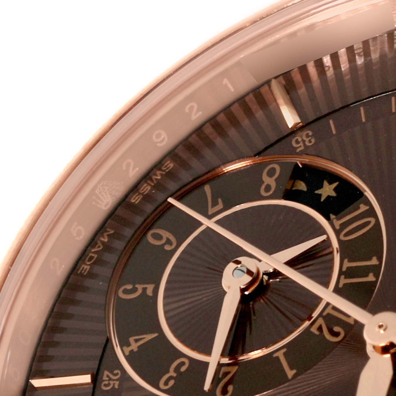 This is a close-up of the dial on a Rolex Cellini 50525 Men's Rose Gold Brown Dial 50525 Men's Rose Gold Brown Dial model, showing the hour, minute, and second hands, along with numerals and indices.