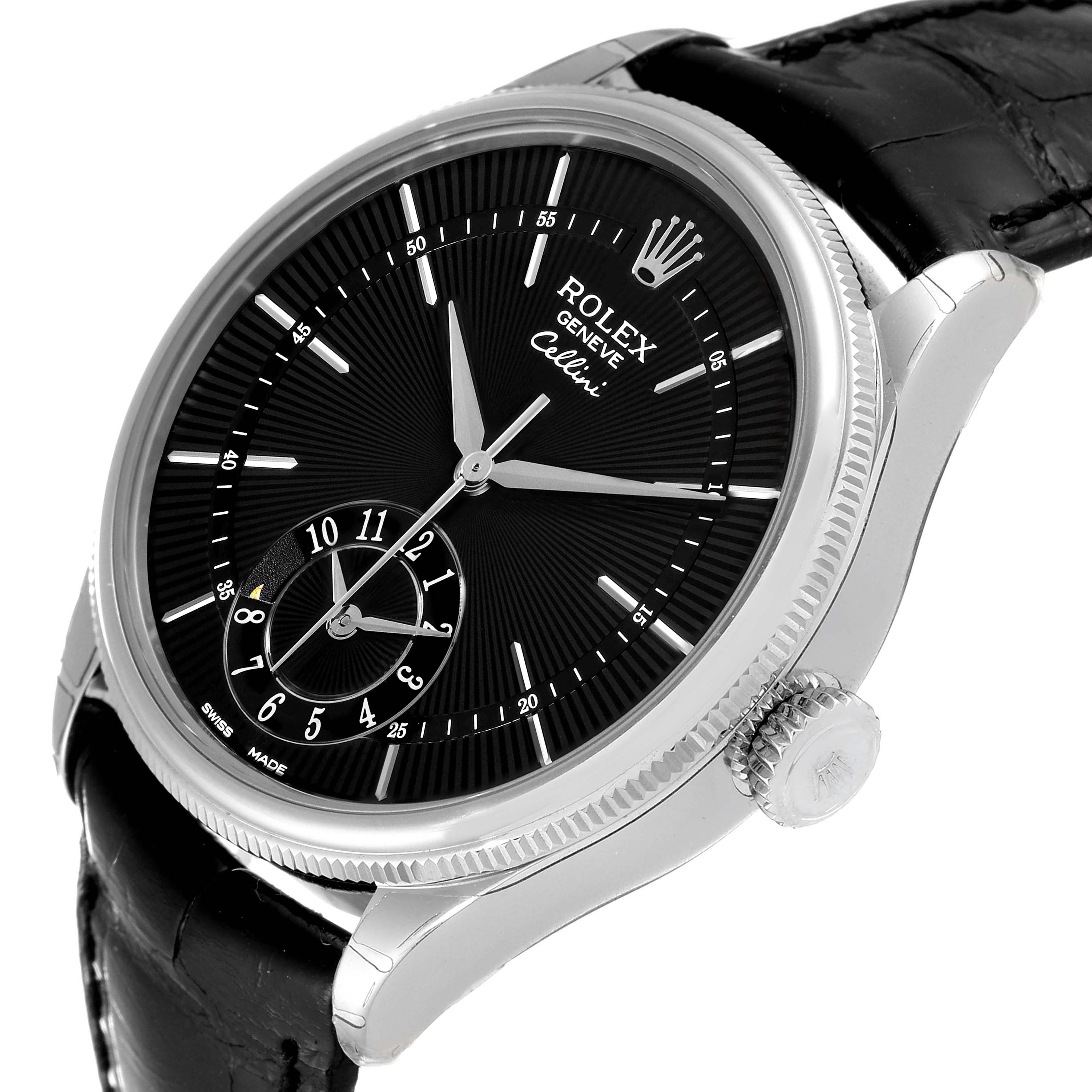 This image shows a Rolex Cellini 50529 Men's White Gold Black Dial 50529 Men's White Gold Black Dial watch from a slightly tilted angle, highlighting the dial, crown, and part of the strap.
