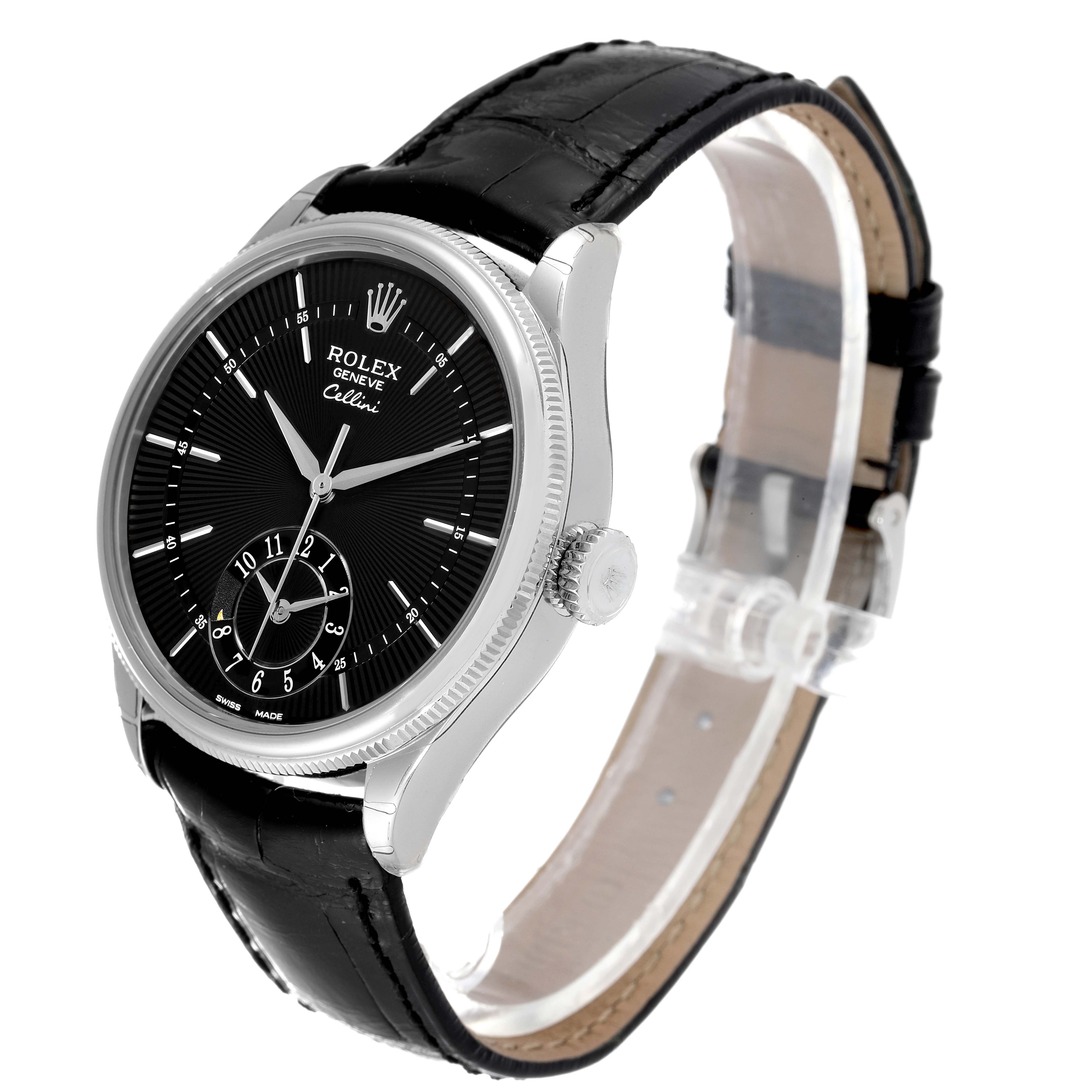 This image shows a Rolex Cellini 50529 Men's White Gold Black Dial 50529 Men's White Gold Black Dial watch from a slight angle, highlighting the dial, crown, and leather strap.