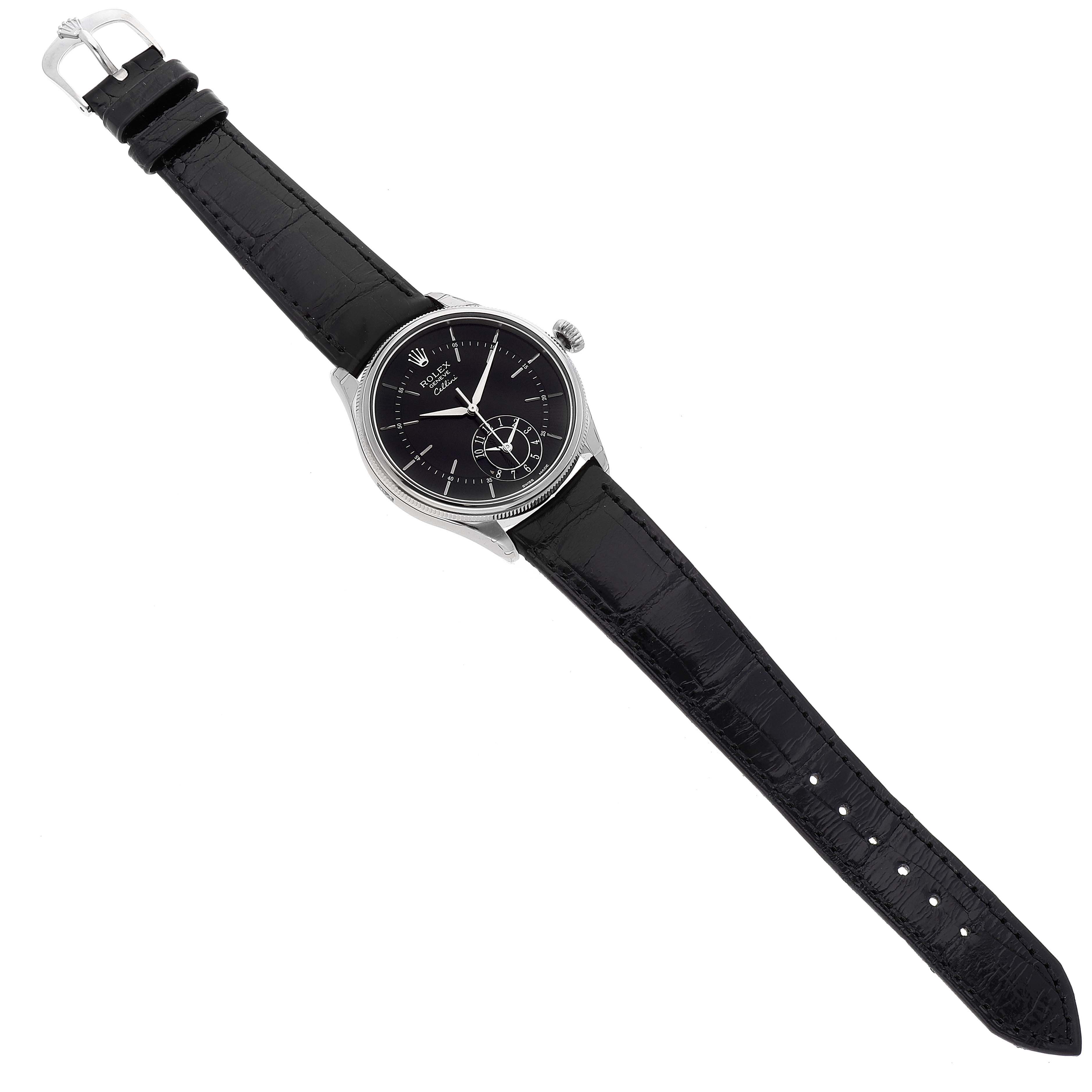 The image shows a full front view of a Rolex Cellini 50529 Men's White Gold Black Dial 50529 Men's White Gold Black Dial watch, displaying its face, dial, case, and leather strap.