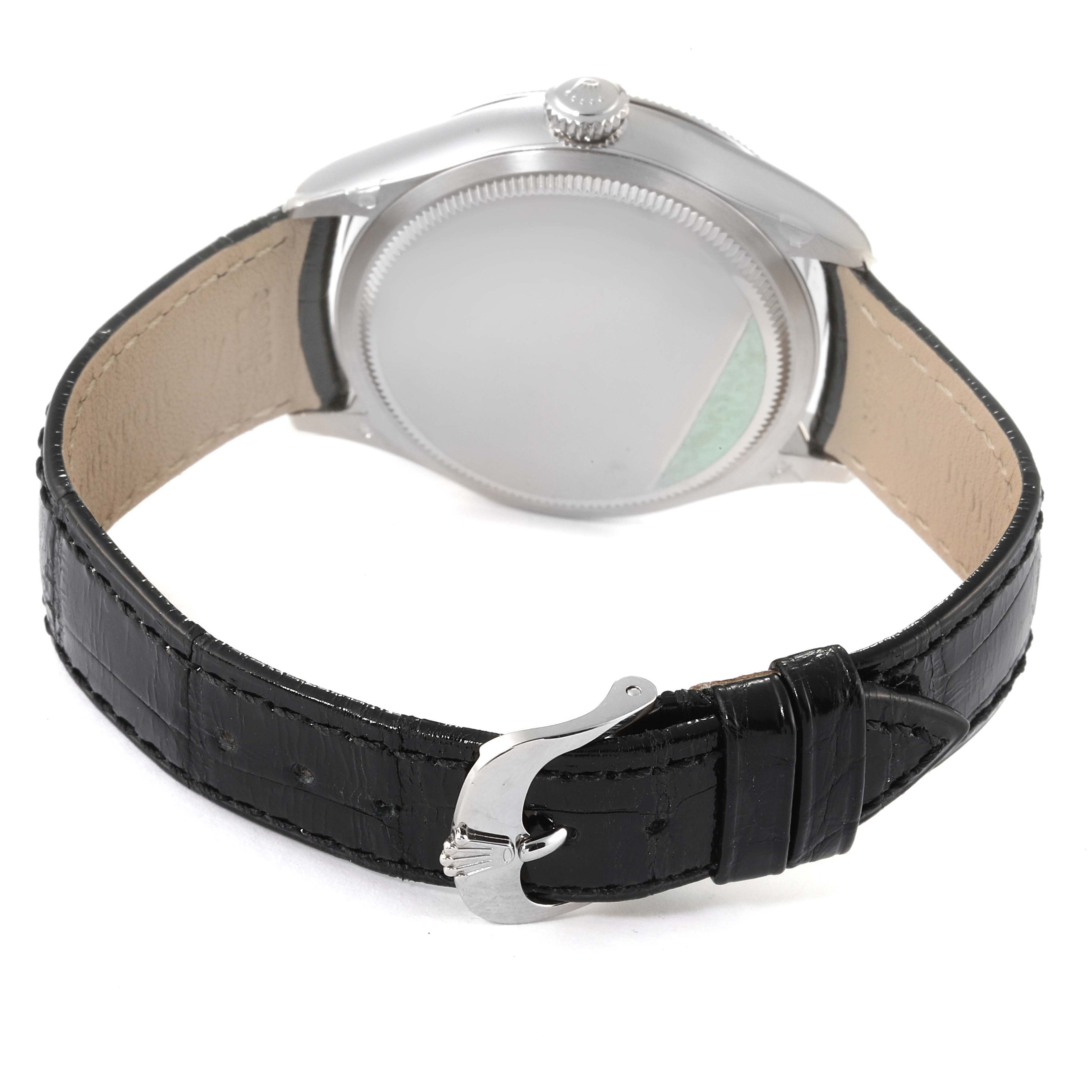 The image shows the back view of a Rolex Cellini 50529 Men's White Gold Black Dial 50529 Men's White Gold Black Dial watch, highlighting the strap and clasp.